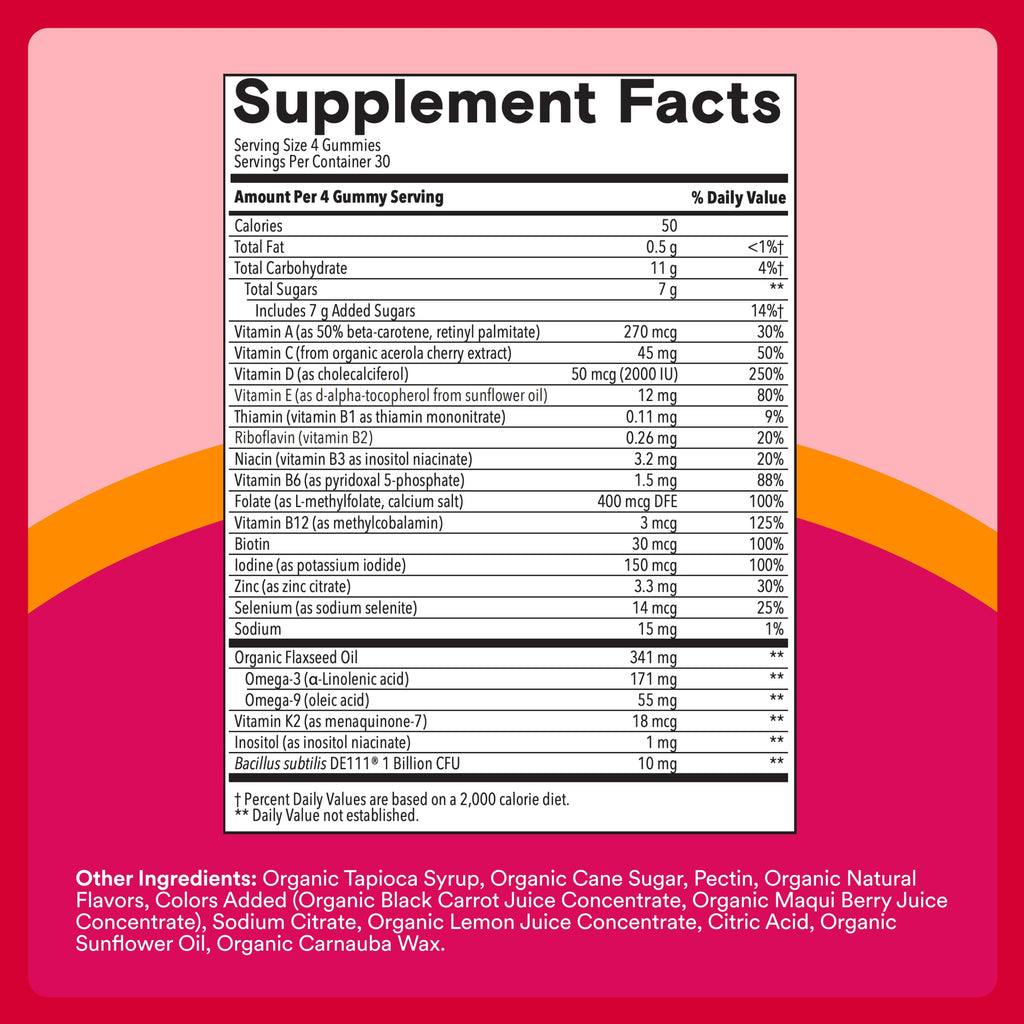 SmartyPants Organic Women's Multivitamin Gummies: Biotin, Probiotics, Methylfolate, Omega 3 (ALA), Vitamin D3, C, Vitamin B12, B6, A, K & Zinc, Inositol, Gluten Free, 120 Count (30 Day Supply)