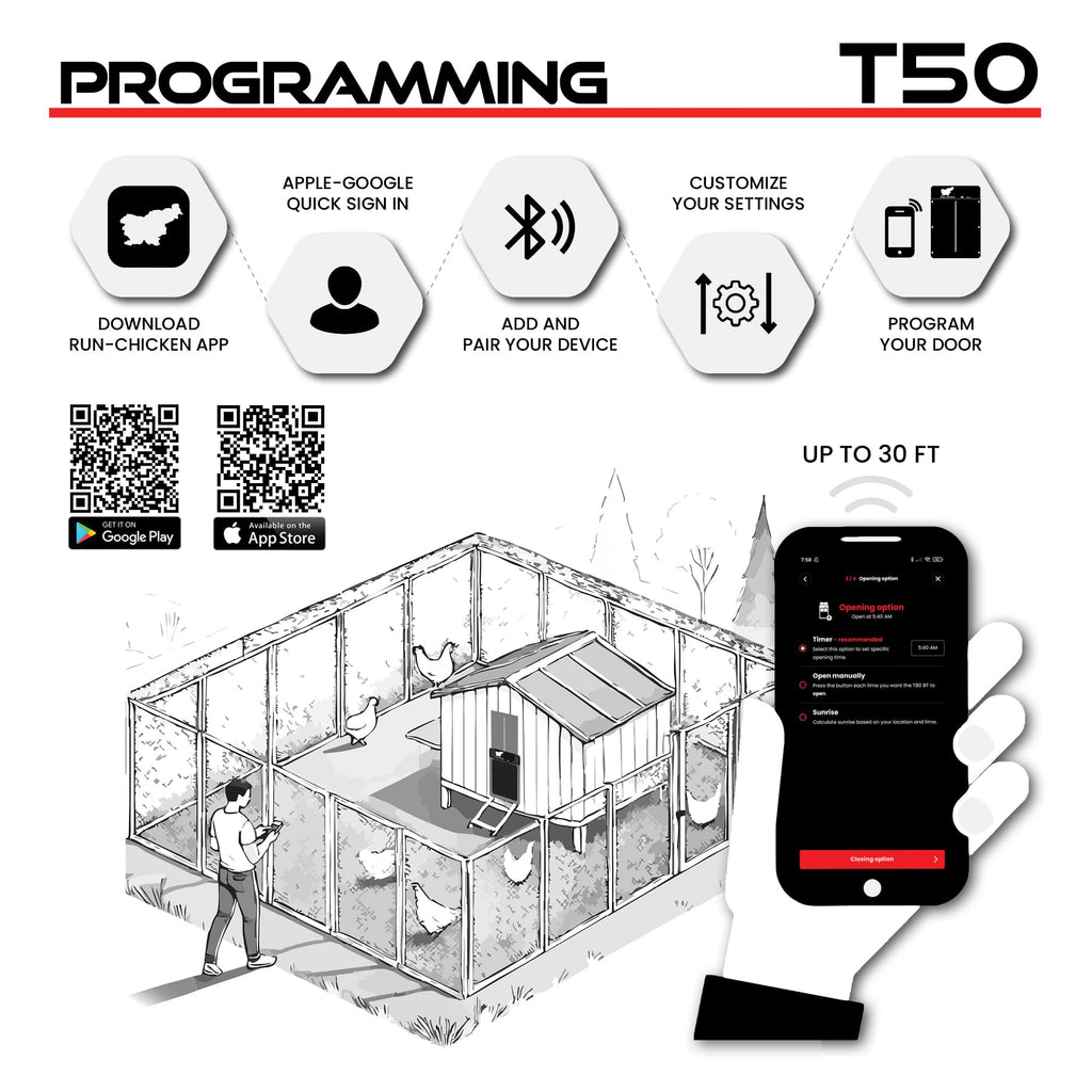 RUN-CHICKEN Door T50 – Automatic Chicken Coop Door Opener, Battery Powered & Weatherproof Aluminum, Smart App & Timer Control, Predator Proof, Easy Install, Reliable All-Season Performance (Gray)