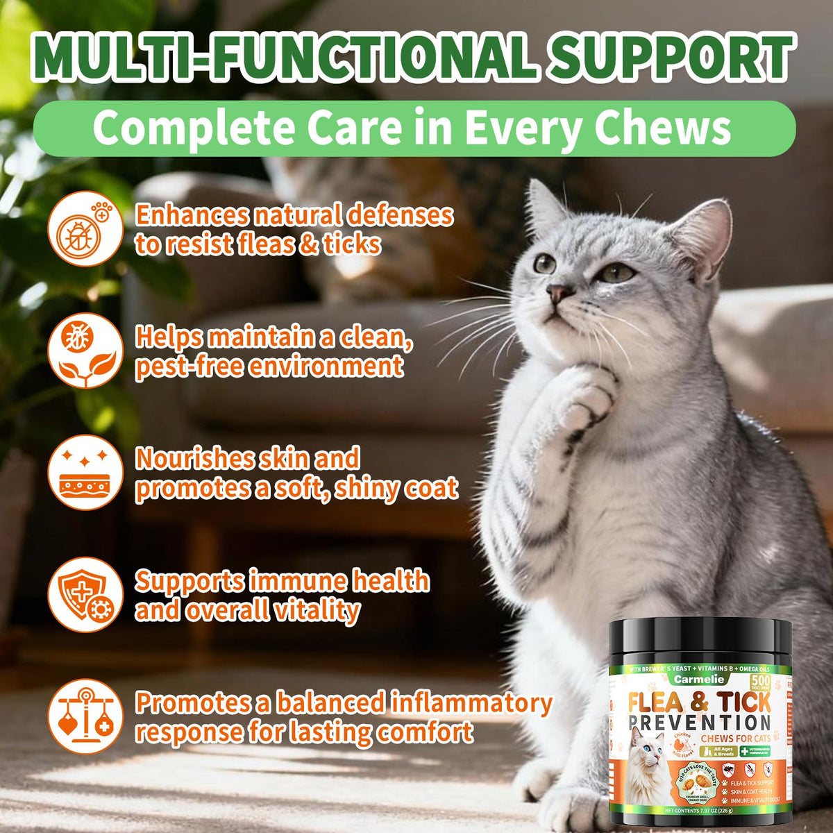 Carmelie Flea and Tick Prevention for Cats Chewables, 500 Crunchy & Creamy