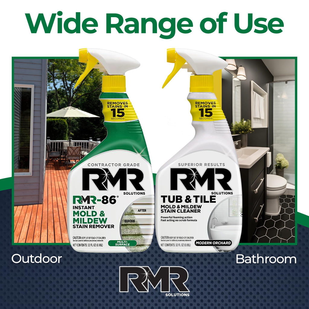 RMR Complete Mold & Mildew Stain Eraser System – No-Scrub Tub & Tile Cleaner + Instant Mold & Mildew Stain Remover Spray, Indoor/Outdoor Bathroom, Shower, Siding, & Deck Cleaning Kit, 2–32 Oz Bottles