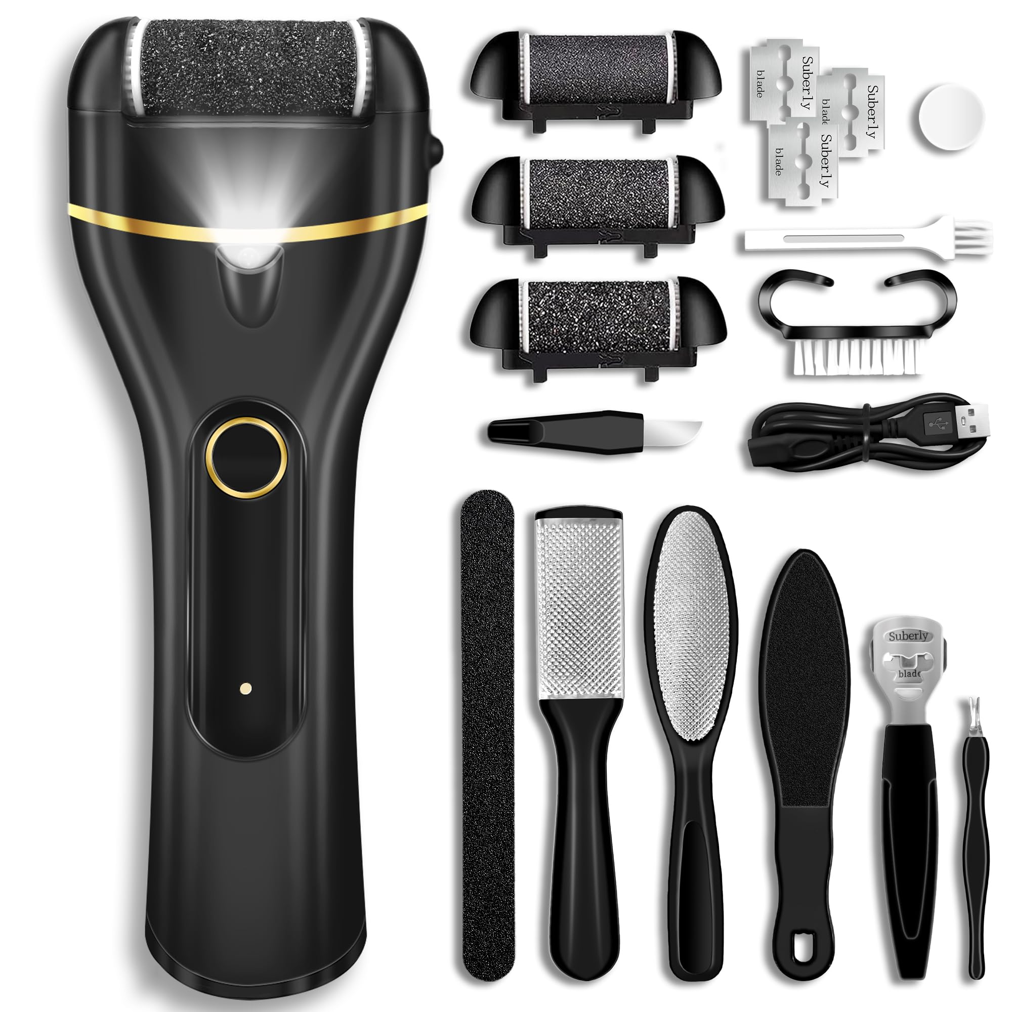 Callus Remover for Feet, Electric Foot Callus Remover Waterproof with 3 Rollers 2 Speed Battery Display,17 in1 Rechargeable Foot File Pedicure Kits for Dead Hard Cracked Dry Skin（White