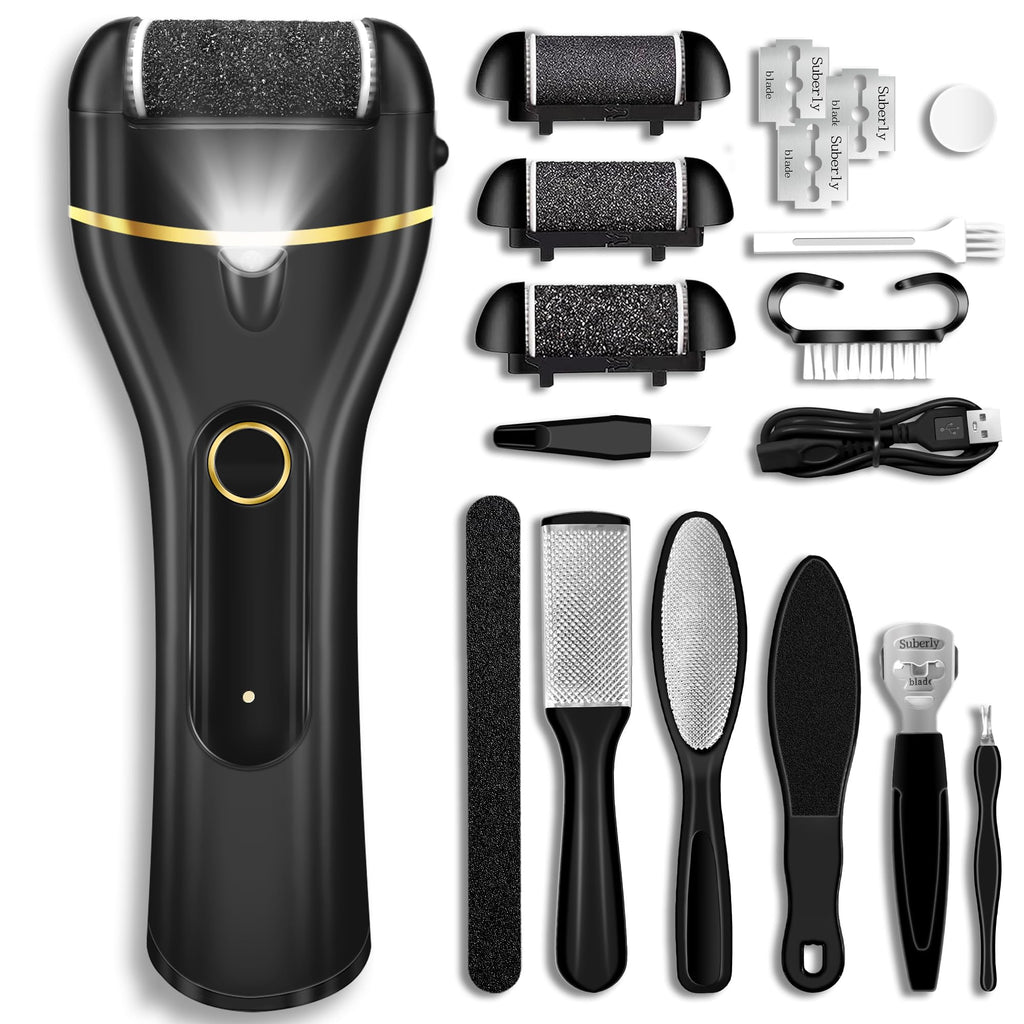 Callus Remover for Feet, Electric Foot Callus Remover Waterproof with 3 Rollers 2 Speed Battery Display,17 in1 Rechargeable Foot File Pedicure Kits for Dead Hard Cracked Dry Skin（White