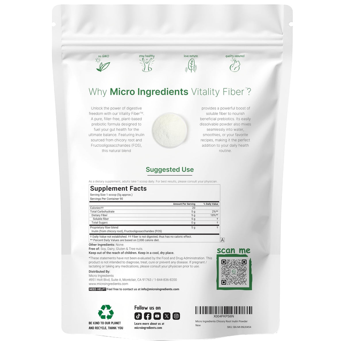 Micro Ingredients Vitality Prebiotic Fiber Powder, 1lb | Easy Mix Powder for Digestive & Gut Health | Daily Prebiotic Soluble Fiber Supplement for Women and Men | Unflavored, Sugar Free & Vegan