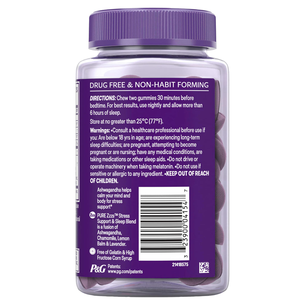 ZzzQuil PURE Zzzs De-Stress 2mg Melatonin Gummies, , Sleep Aids for Adults, Ashwagandha for Stress Support, 60 Gummies
