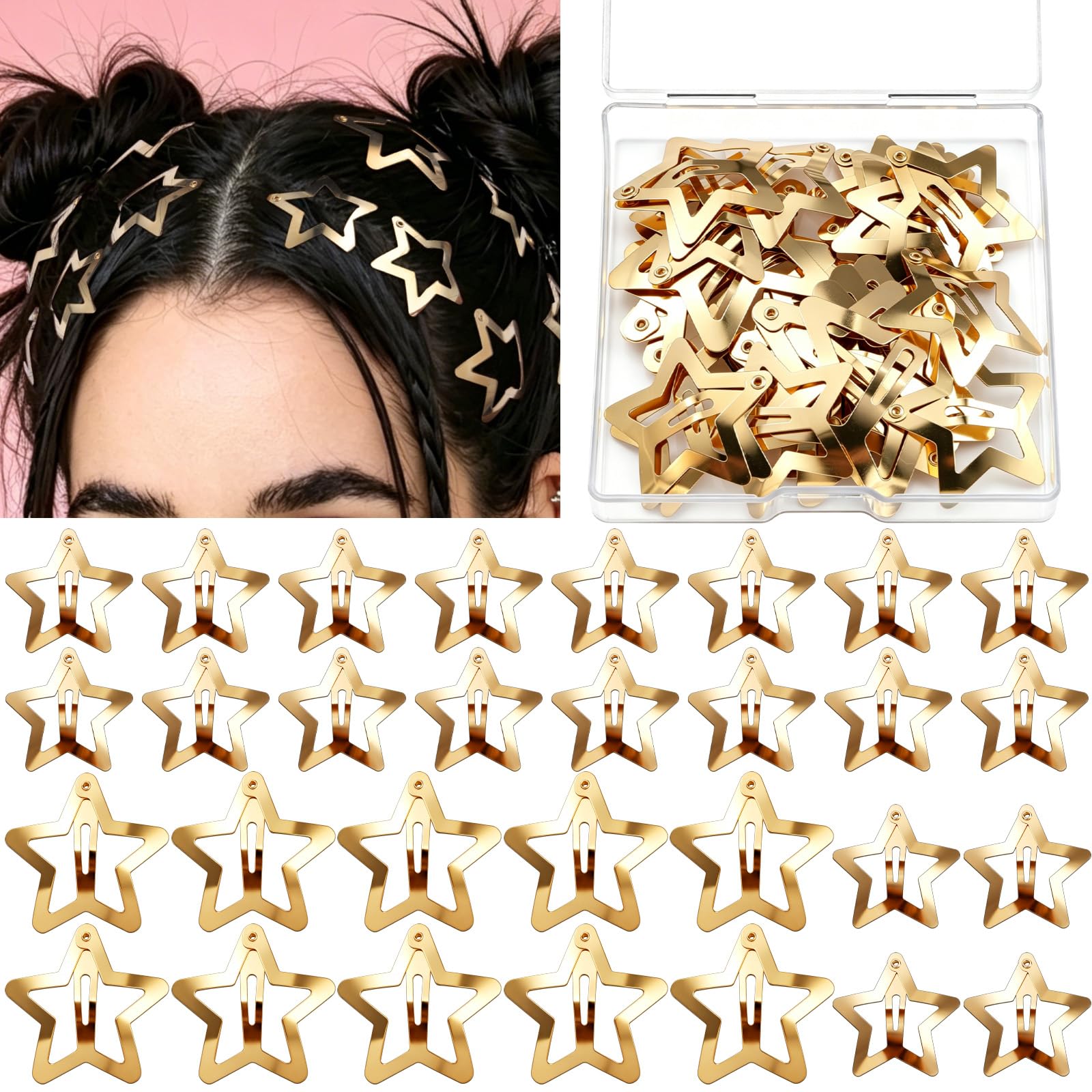 YGDZ Star Hair Clips Y2K Hair Barrettes, 20 PCS Gold 1.22" Y2K Hair Accessories, 10 PCS 1.61" Metal Snap Hair Clips for Girls Women, for Rave outfits, Concert
