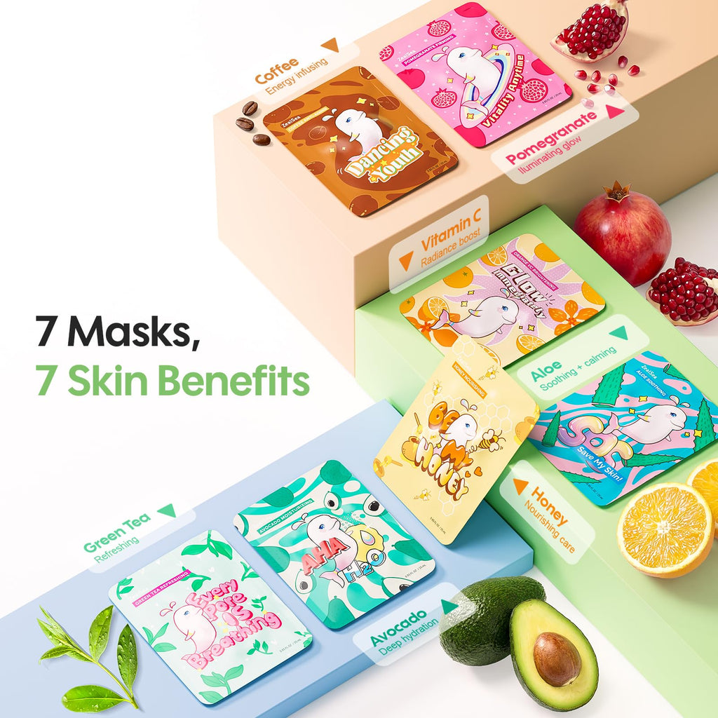 ZealSea Face Mask Skincare Facial Sheet Mask Spa Gifts for Kids Girls Women | 7Days Variety Self Care Set, Deep Hydrating & Glow, Gentle on All Skin Types, Fun Sleepover Slumber Party for Teens, Birthday