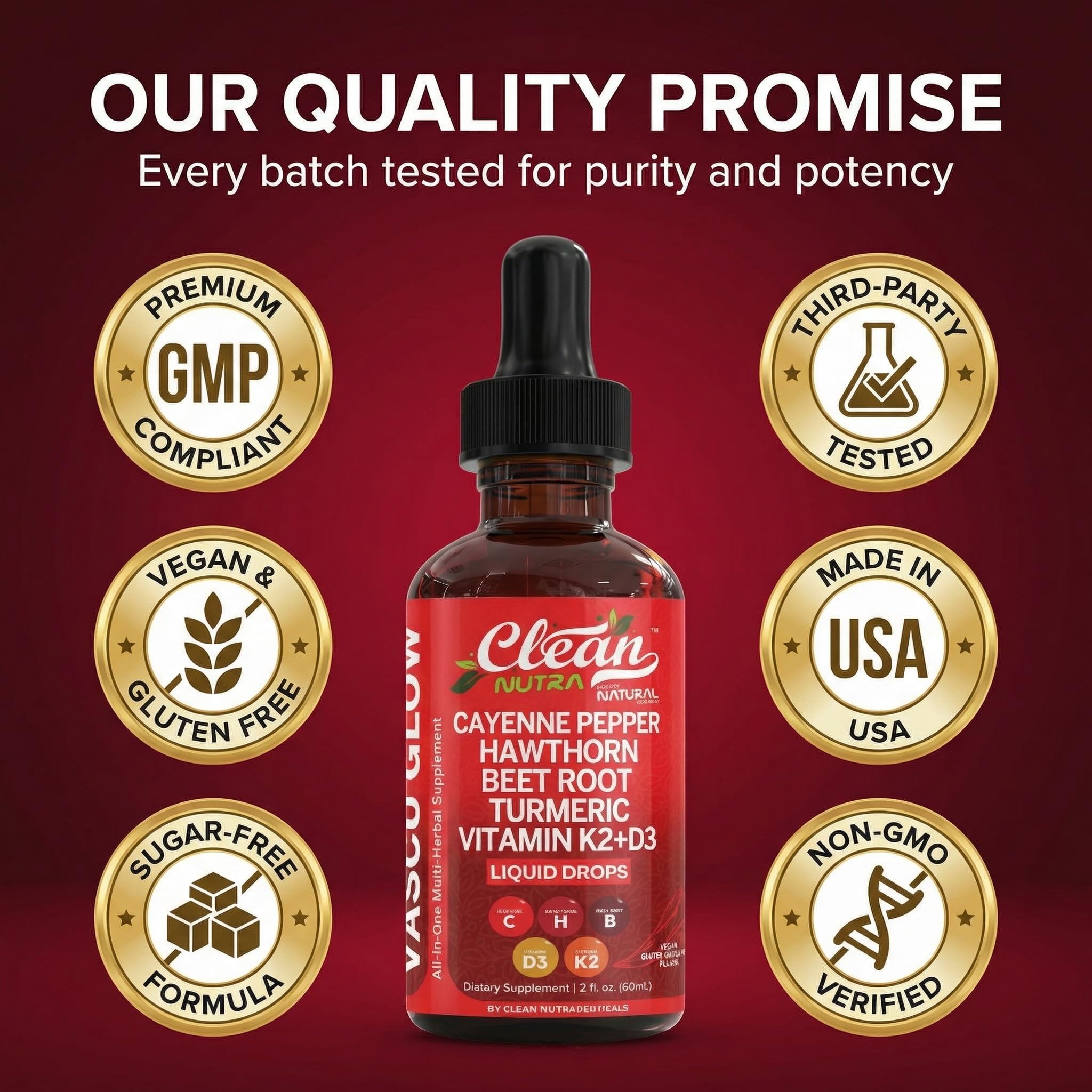 Clean Nutra Cayenne Pepper Drops Supplement Liquid + Hawthorn Berry, Vitamin D3 K2 Beet Root Powder, Ceylon Cinnamon, Turmeric Curcumin, Organic Panax Ginseng, Berberine Extract 1 Pack