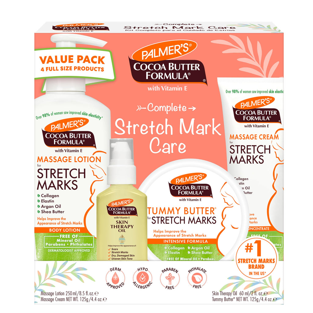 Palmer's Pregnancy Essentials Skin Care Kit, Cocoa Butter Formula (4 Piece) | Includes Massage Lotion, Massage Cream, Tummy Butter and Skin Therapy Oil for Stretch Marks, the ideal gift for mom to be