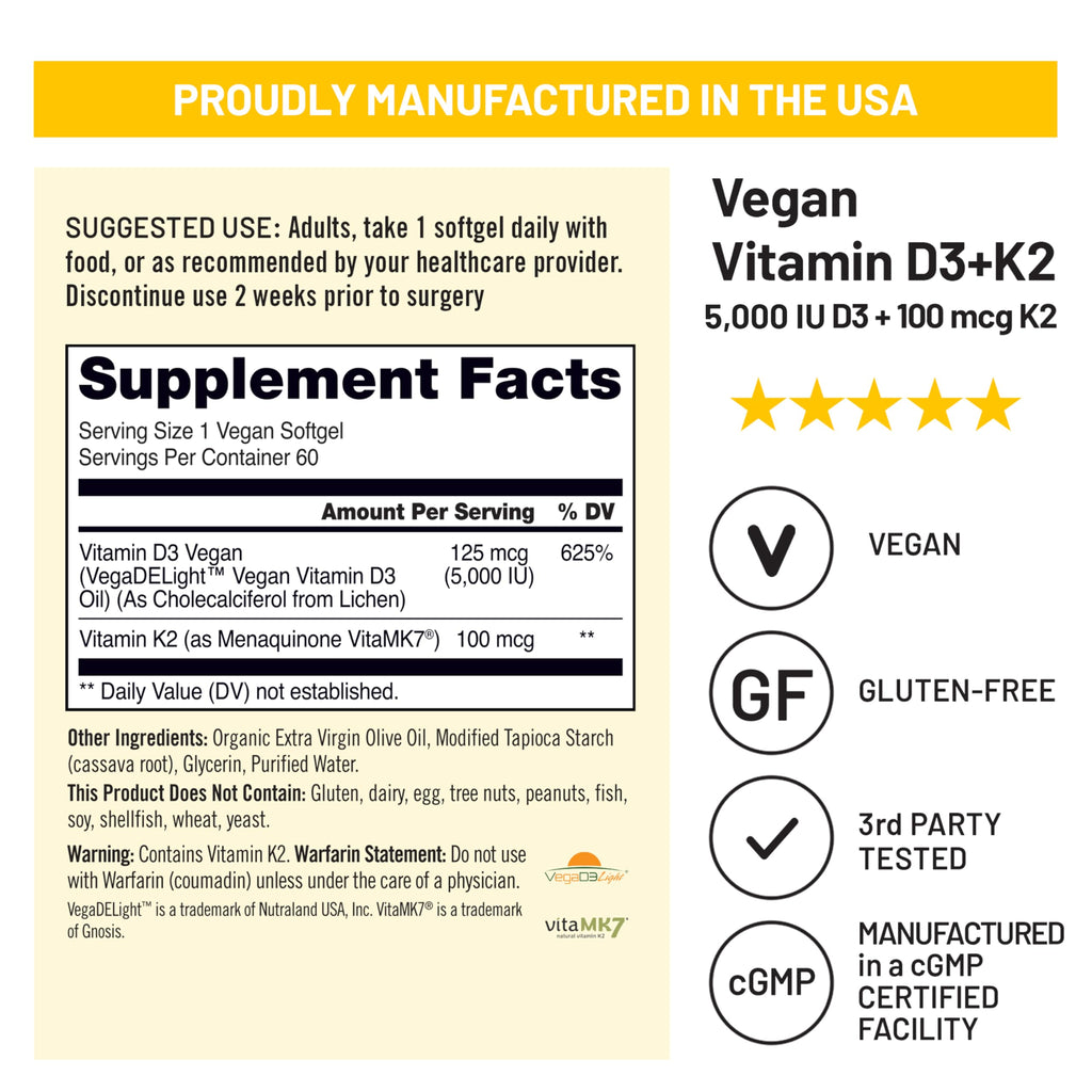 NatureWise Vegan Vitamin D3 K2 Supplement, 5000IU + 100mcg, 60 Softgels | High Absorption D3 & K2 - Organic Cold-Pressed Olive Oil - Immune & Bone Health Support - 2-Month Supply