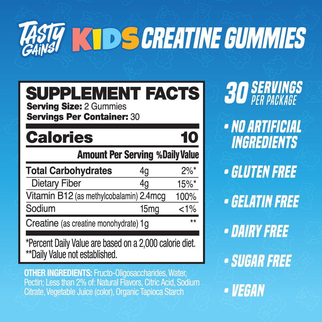 TASTY GAINS Kids & Teen Creatine Gummies with Vitamin B12 for Advanced Growth Support, Youth Sports Performance & Cellular Muscle Hydration Chewables, Ages 5+ (Strawberry, 60 Count)
