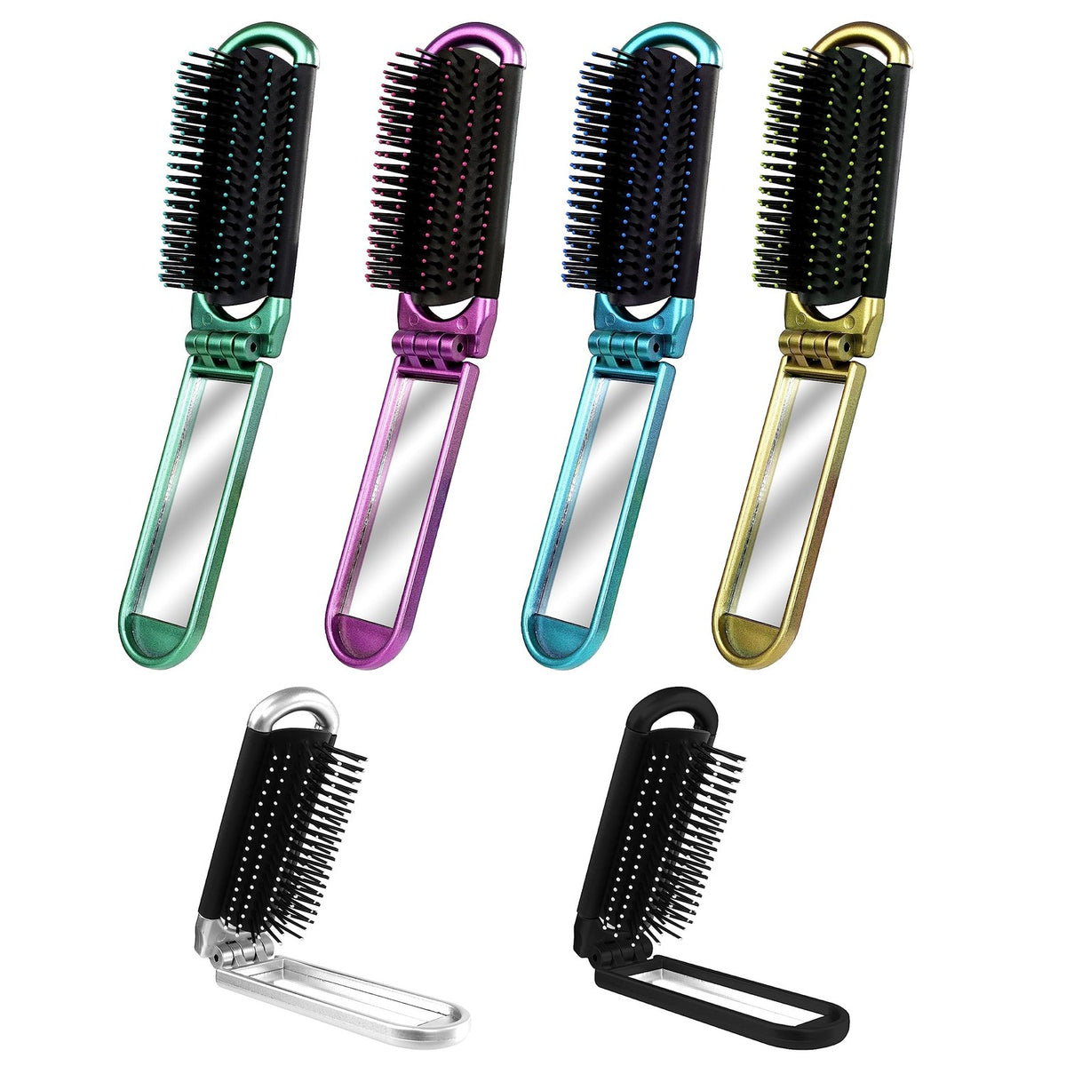 6 PCS Folding Travel Hairbrush Set with Compact Mirror for Women - Mini Pocket Brush with Mirror for Purse and Girls