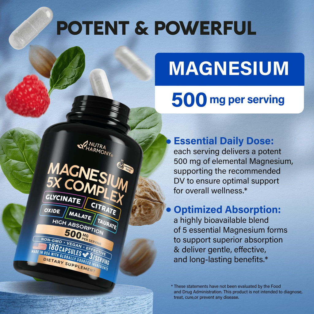 Magnesium Complex - Glycinate, Citrate, Malate, Taurate, Oxide - 180 Caps | 5-in-1 Magnesium Supplement 500 mg - for Women & Men - Stress, Muscle & Heart Support - Laboratory Tested - Vegan, Non-GMO