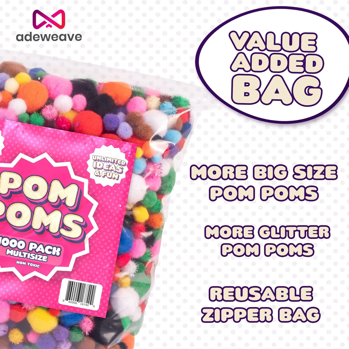 Adeweave 1000 Assorted Pom poms – Soft and Fluffy Craft Pom Pom Balls – Multicolor Craft Supplies Pompoms for Arts and Crafts in a Reusable Box, Large Puff Ball Ideal for DIY and School Activities