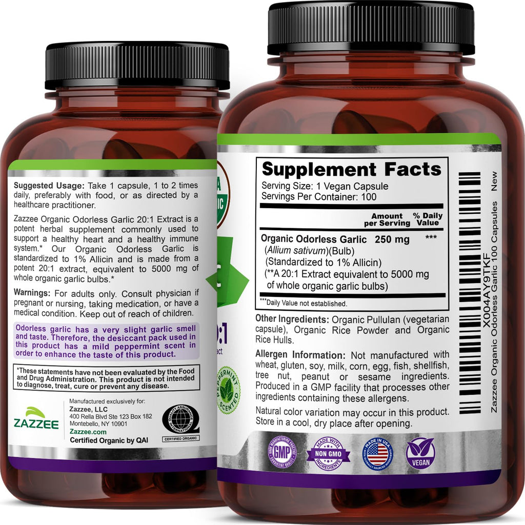 Zazzee USDA Organic Odorless Garlic 20:1 Extract, 1% Allicin, 100 Capsules | Vegan, 3+ Month Supply, Allium Sativum, Immune, Circulation & Heart Health Support, All-Natural, Non-GMO, Made in the USA