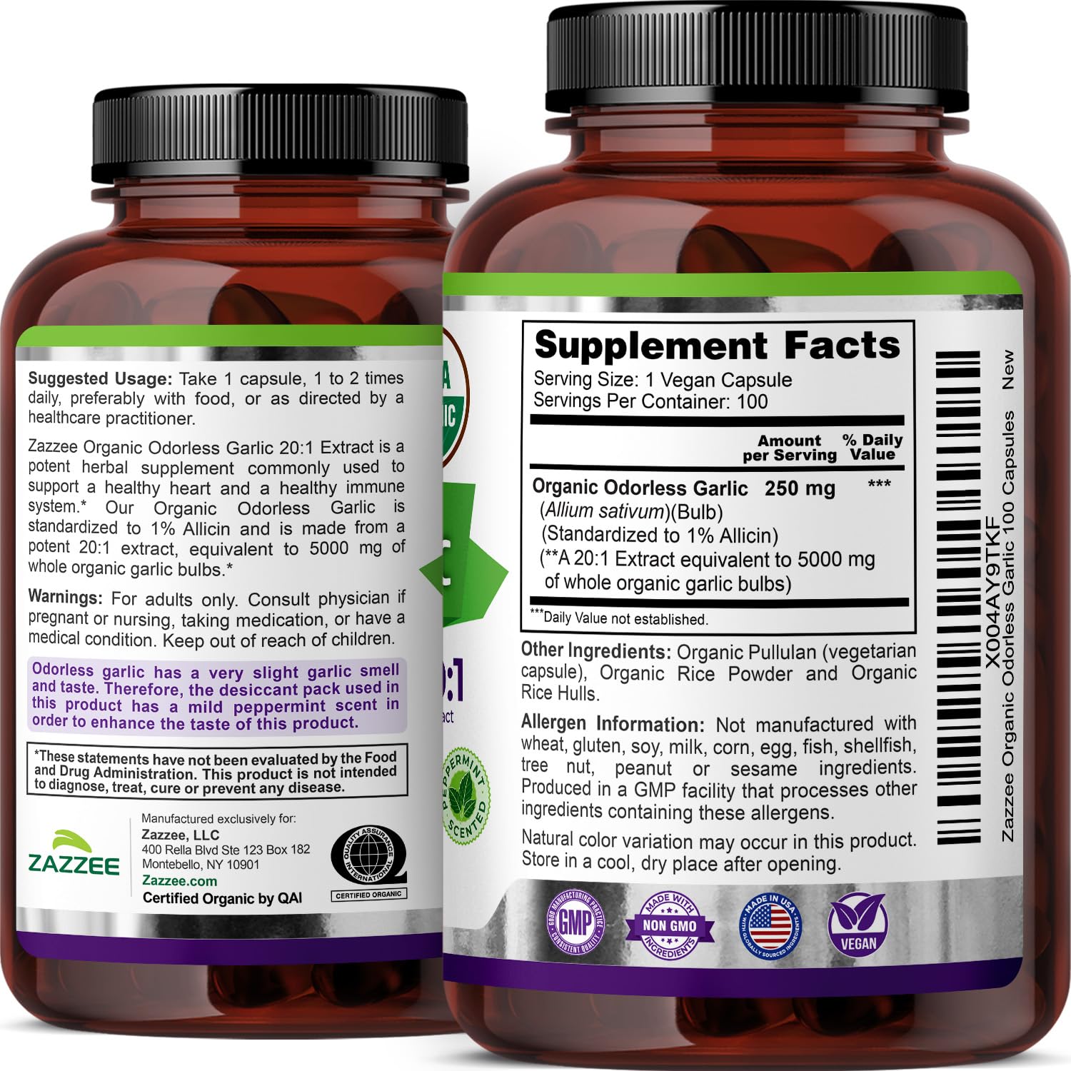 Zazzee USDA Organic Odorless Garlic 20:1 Extract, 1% Allicin, 100 Capsules | Vegan, 3+ Month Supply, Allium Sativum, Immune, Circulation & Heart Health Support, All-Natural, Non-GMO, Made in the USA