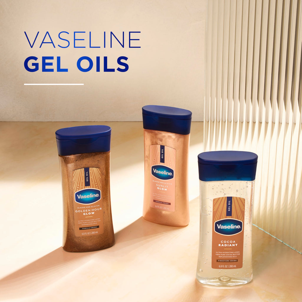 Vaseline Intensive Care Cocoa Radiant for Glowing Skin Body Gel Oil Made with Pure Cocoa Butter + Replenishing Oils 6.8 fl oz | Body moisturizer for dry skin, with 100% Pure Cocoa Butter & Replenishing Oils for a healthy glow, Intensive Care