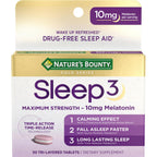 Nature's Bounty Sleep3 Melatonin 10mg, 60 Tri-Layered Tablets | Maximum Strength 100% Drug Free Sleep Aid, Dietary Supplement, L-Theanine & Nighttime Herbal Blend Time Release Technology