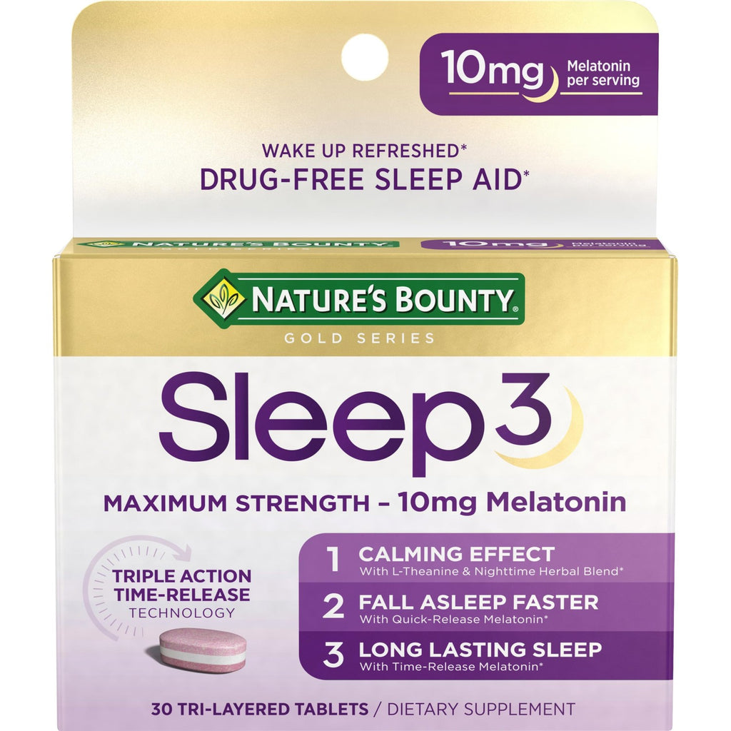 Nature's Bounty Sleep3 Melatonin 10mg, 60 Tri-Layered Tablets | Maximum Strength 100% Drug Free Sleep Aid, Dietary Supplement, L-Theanine & Nighttime Herbal Blend Time Release Technology
