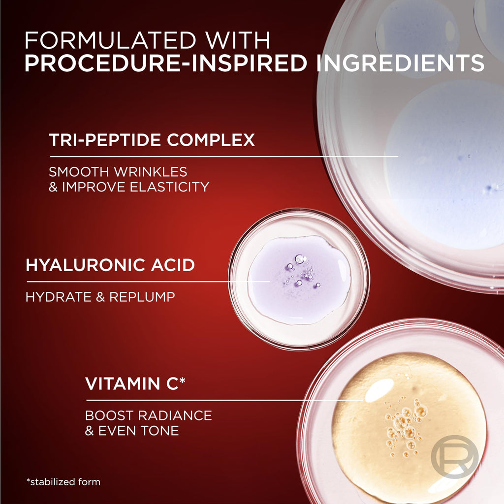 L'Oreal Paris Revitalift Triple Power Face Serum with Tri-Peptides, Hyaluronic Acid and Vitamin C, Anti Aging, Anti Wrinkle Serum to Firm and Brighten, 1 FL oz, + Sample