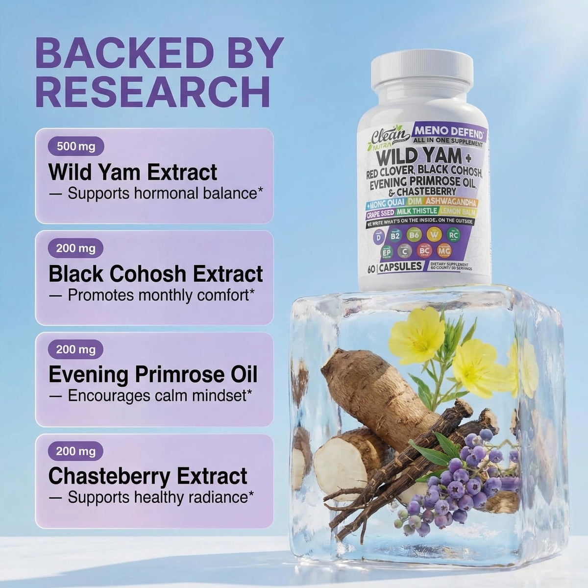 Clean Nutra Wild Yam Root Capsules with Red Clover Black Cohosh Evening Primrose Oil Chasteberry Dong Quai DIM Ashwagandha Grape Seed Extract Milk Thistle Lemon Balm and more Hormone Balance For Women