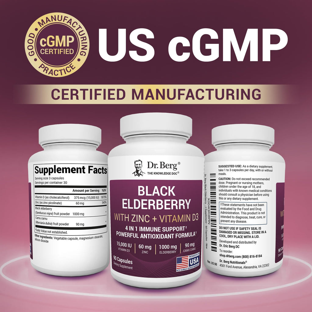 Dr. Berg Black Elderberry Capsules (Advanced Immune Support*) with 15,000 IU Vitamin D, 60 mg of Zinc, & 90 mg of Camu Camu - (4-in-1) Sambucus Elderberry Immune Support Supplement - 90 Capsules