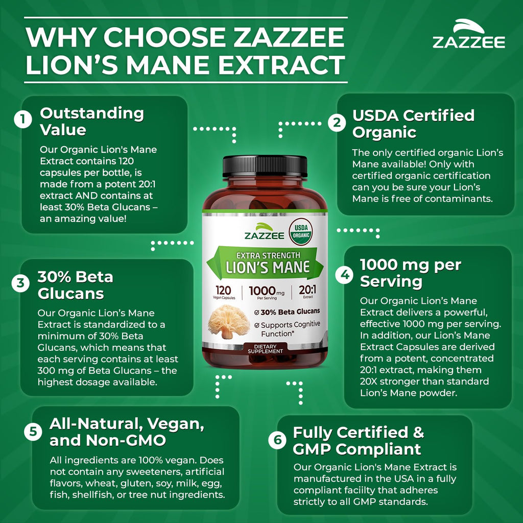 Zazzee USDA Organic Lion's Mane 20:1 Extract, 30% Beta Glucans, Vegan