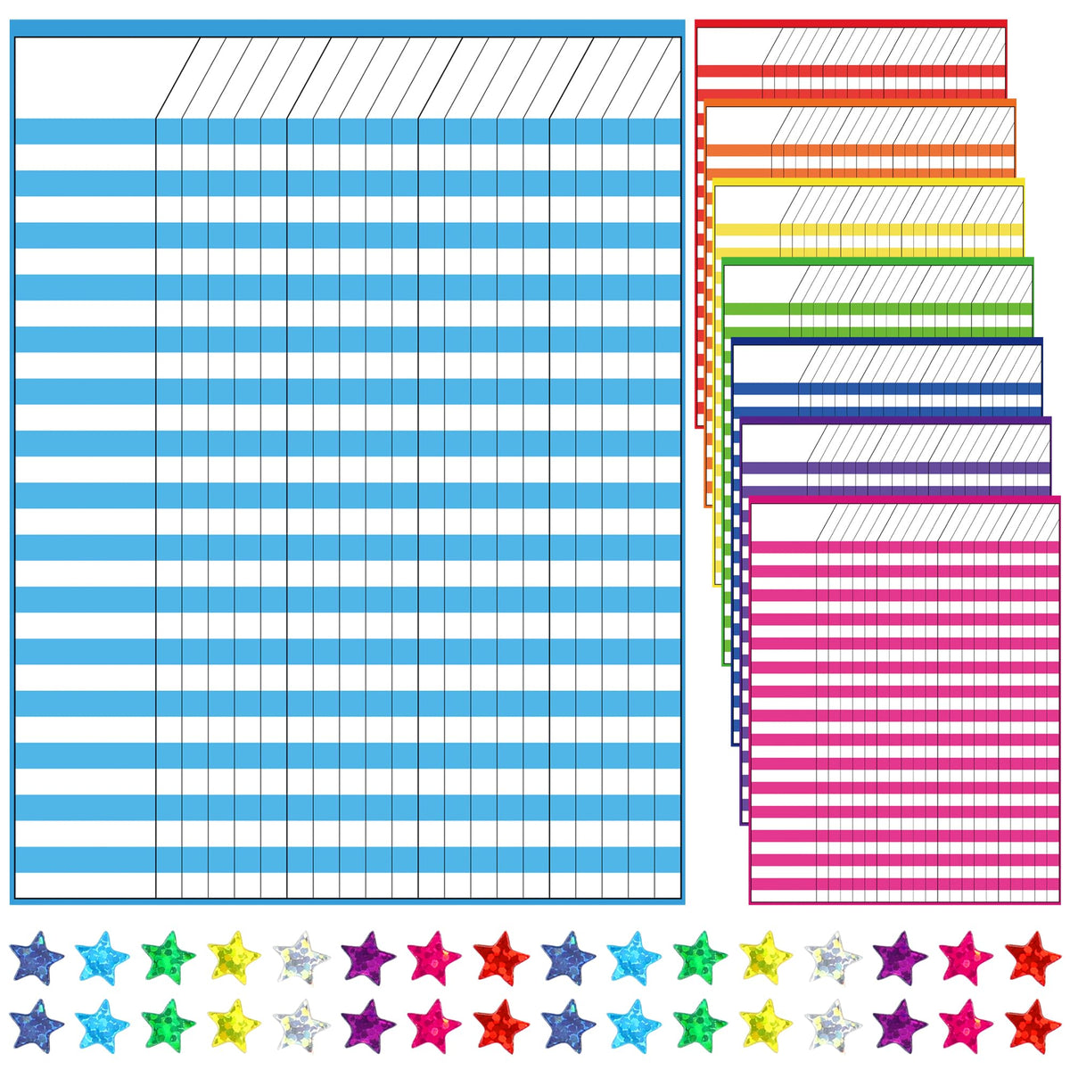 8 Pack Colorful Dry Erase Incentive Chart Multi-Color Classroom Laminated Dry Erase Reward Chore Charts with 1350 Reward Star Stickers for School Attendance Homework Progress Tracking, 13" x 17"
