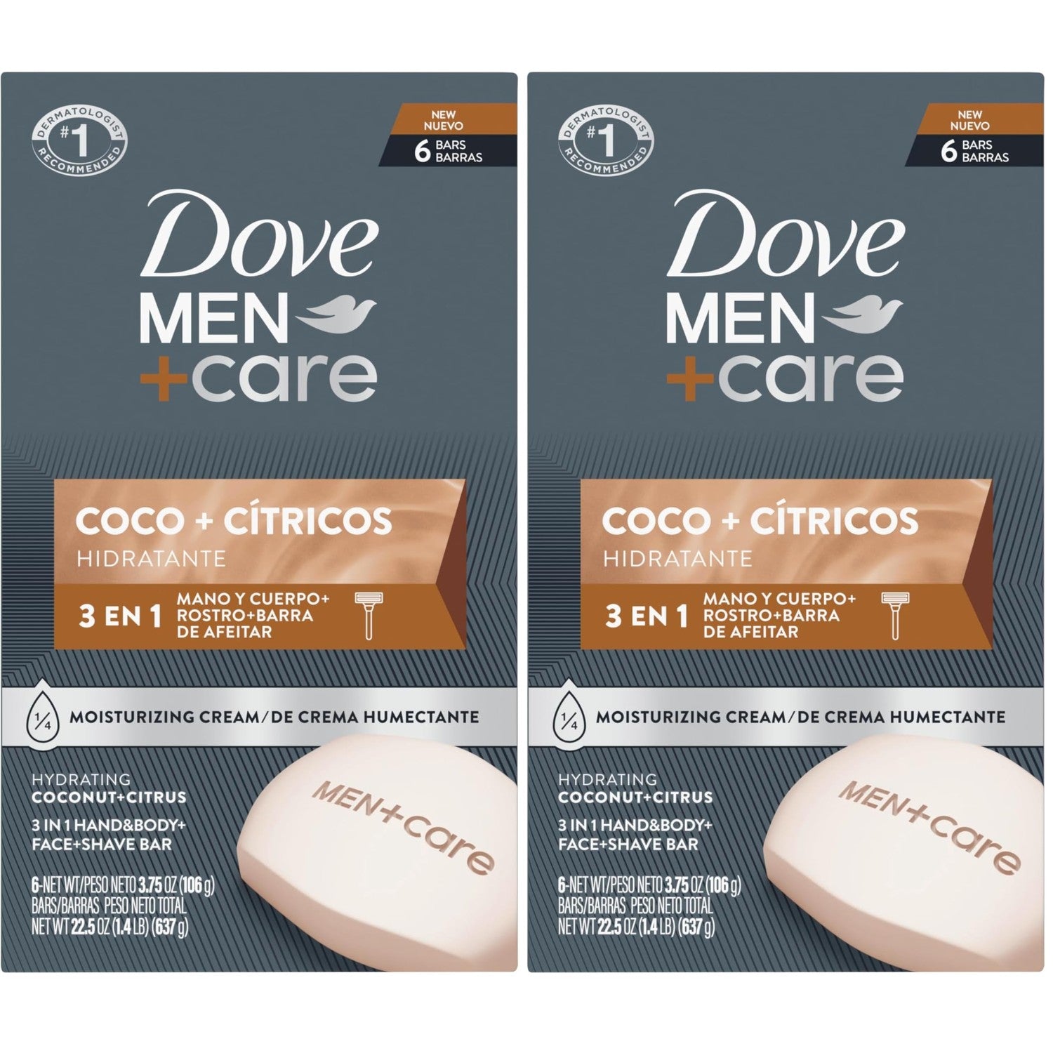 DOVE MEN + CARE Hidratante Coco + Cítricos Hand & Body Face 6 Count 3.75 oz | For dry skin, Helps hydrate and smooth skin, With coconut + citrus formula, For daily showers, Face + body shave bar