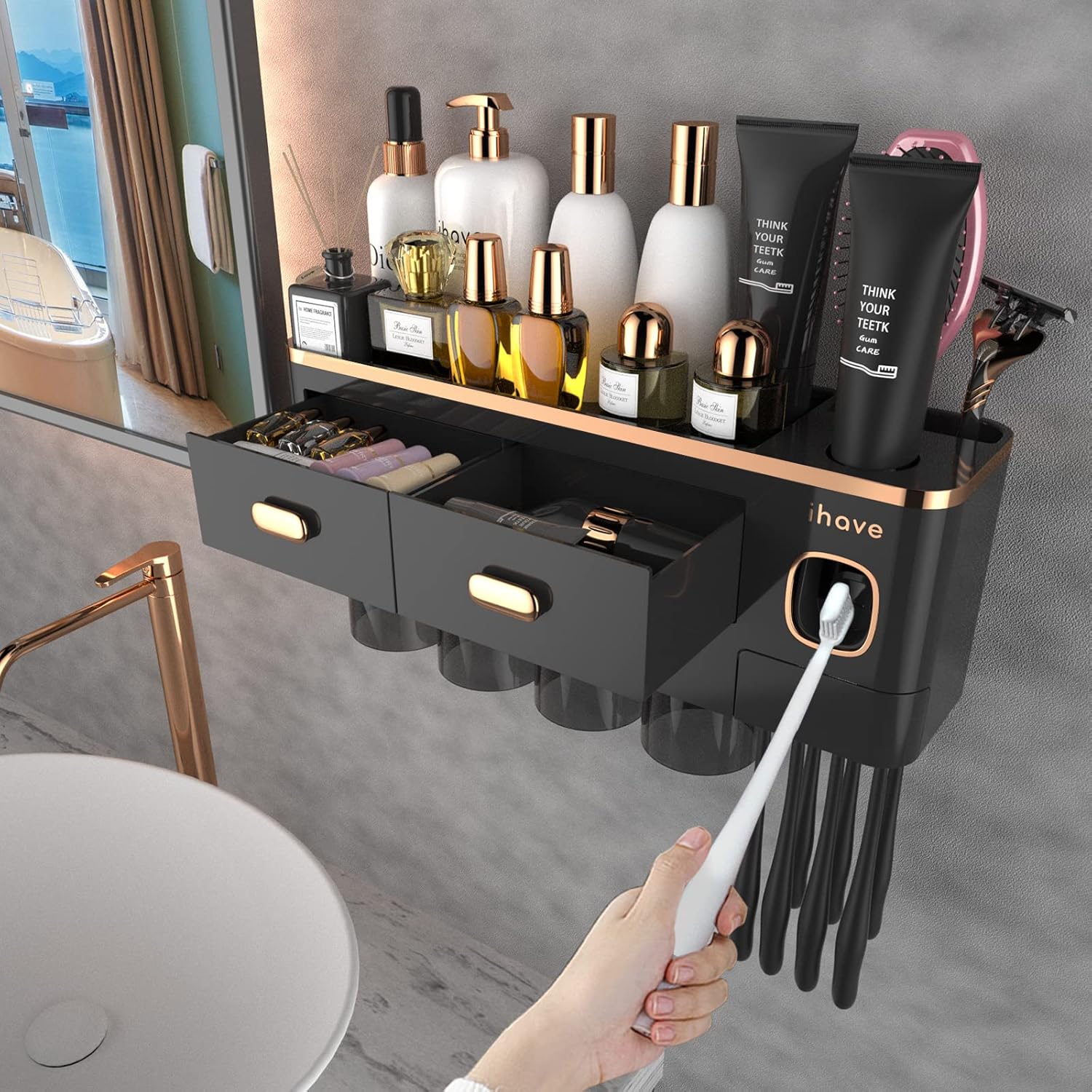 Buy now iHave Toothbrush Holders for Bathrooms, 4 Cups Toothbrush Holder Wall Mounted with Toothpaste Dispenser - Large Capacity Tray, 2 Cosmetic Drawer - Bathroom Organizer & Bathroom Accessories Set 4 cup Black Gold at indiglob india