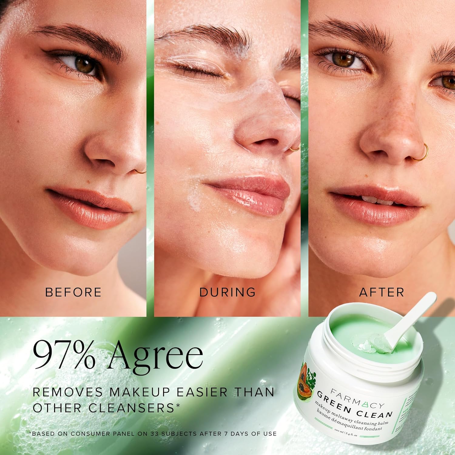 Buy now Farmacy Makeup Remover Cleansing Balm - Green Clean Waterproof Makeup Remover + Oil Based Cleanser - Gentle Exfoliating Double Cleanser - Melts From Balm to Milky Lather (100ml) at indiglob india