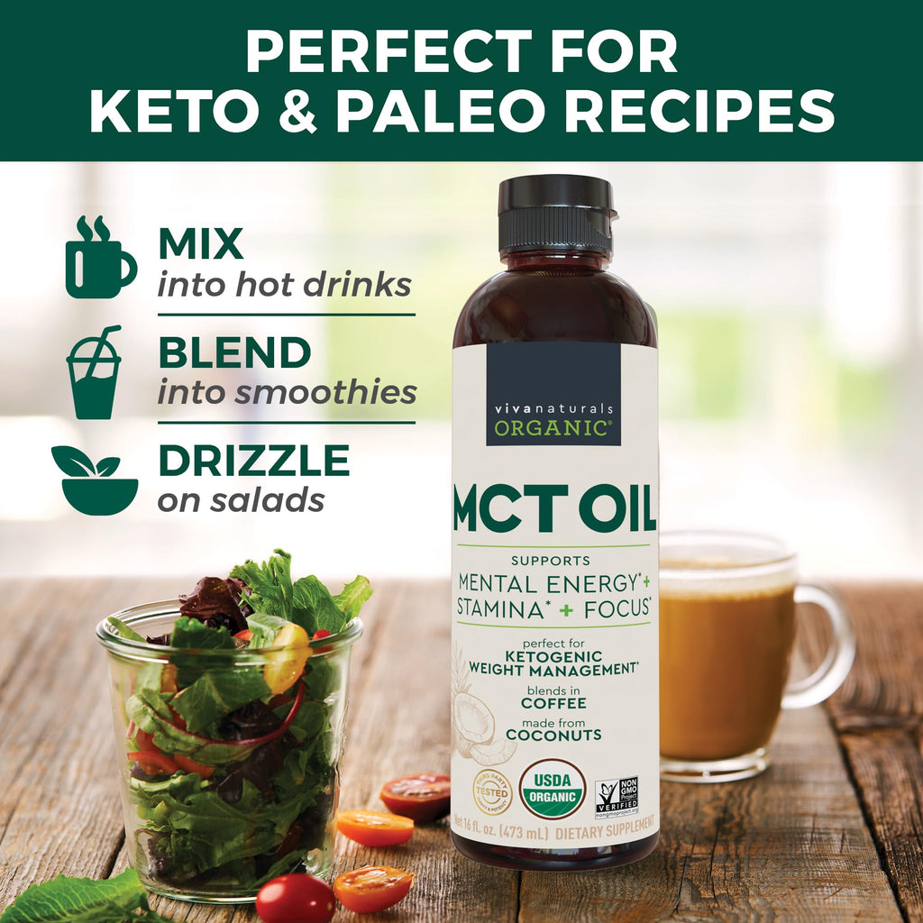 Viva Naturals Organic MCT Oil, 16 fl oz – MCT Oil for Coffee, USDA Organic, Non-GMO, Paleo Certified & Keto Friendly, Supports Energy & Mental Clarity