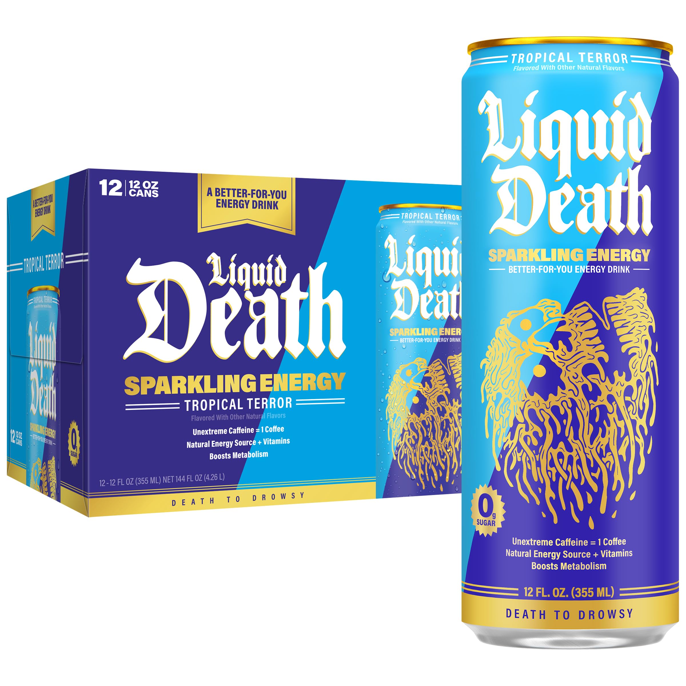 Buy now Liquid Death Sparkling Energy - Tropical Terror (Classic Piña Colada), Zero Sugar Energy Drink, Unextreme Caffeine 100mg, Essential Vitamins, 12 Fl Oz (Pack of 12) at indiglob india