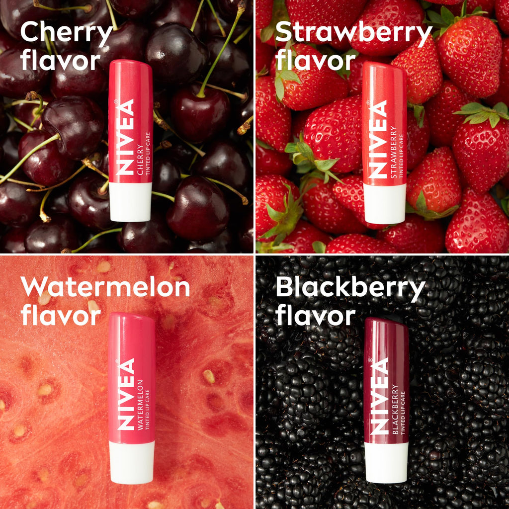 Buy now NIVEA Lip Care, Fruity Tinted Lip Balm Variety Pack, Cherry, Strawberry, Blackberry and Watermelon Flavors, 3-in-1 Moisture, Repair and Color, 0.17 Oz Stick, Pack of 4 at indiglob india
