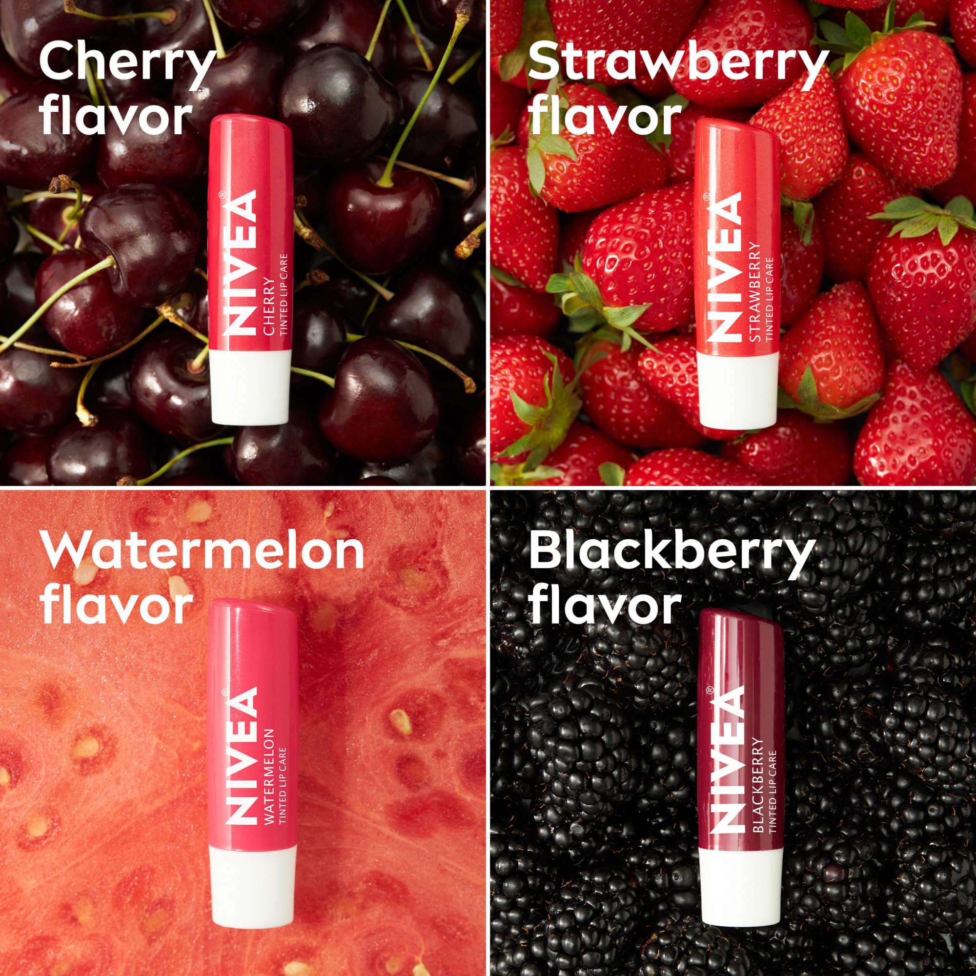Buy now NIVEA Lip Care, Fruity Tinted Lip Balm Variety Pack, Cherry, Strawberry, Blackberry and Watermelon Flavors, 3-in-1 Moisture, Repair and Color, 0.17 Oz Stick, Pack of 4 at indiglob india