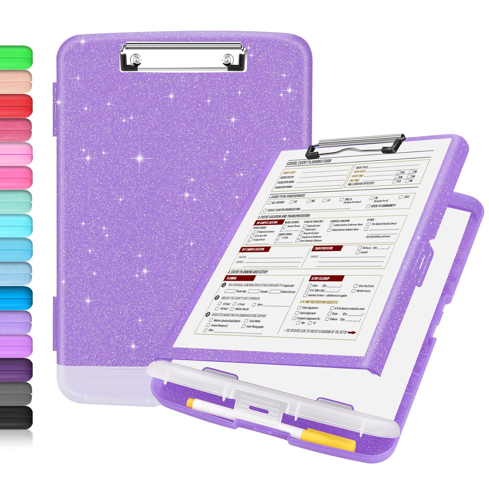 Buy now Sooez Clipboard with Storage, Clip Board 8.5 x 11 with Pen Holder, Plastic Organization Case Box for Letter Legal A4 Size Paper, Low Profile Clip, Nurses Teachers Must Haves, School & Office Supplies Glitter Purple at indiglob india