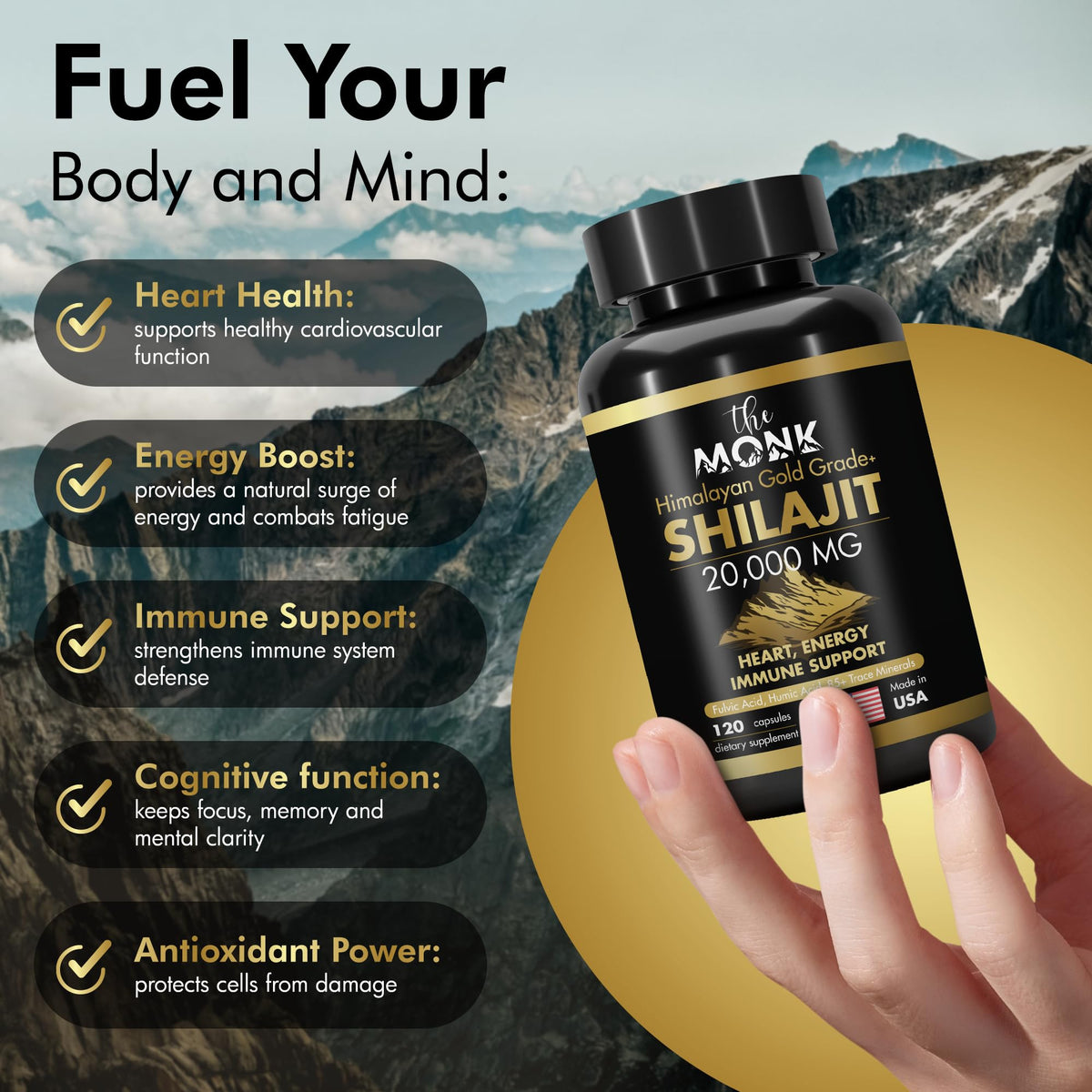 Organic Shilajit with Fulvic Acid, Humic Acid, 85+ Minerals- Gold Grade Plus - Same as Resin - Energy, Stamina, Brain Support - 120 Capsules - Made in The USA