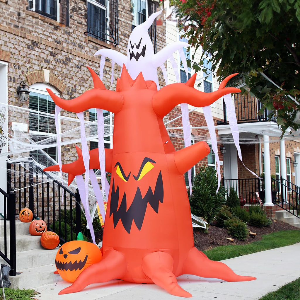 GOOSH 10 FT Halloween Inflatables Tree Outdoor Decorations Blow Up Yard Scary Dead Tree with Pumpkin and Ghost with Built-in LEDs for Garden Lawn Indoor Party Decor