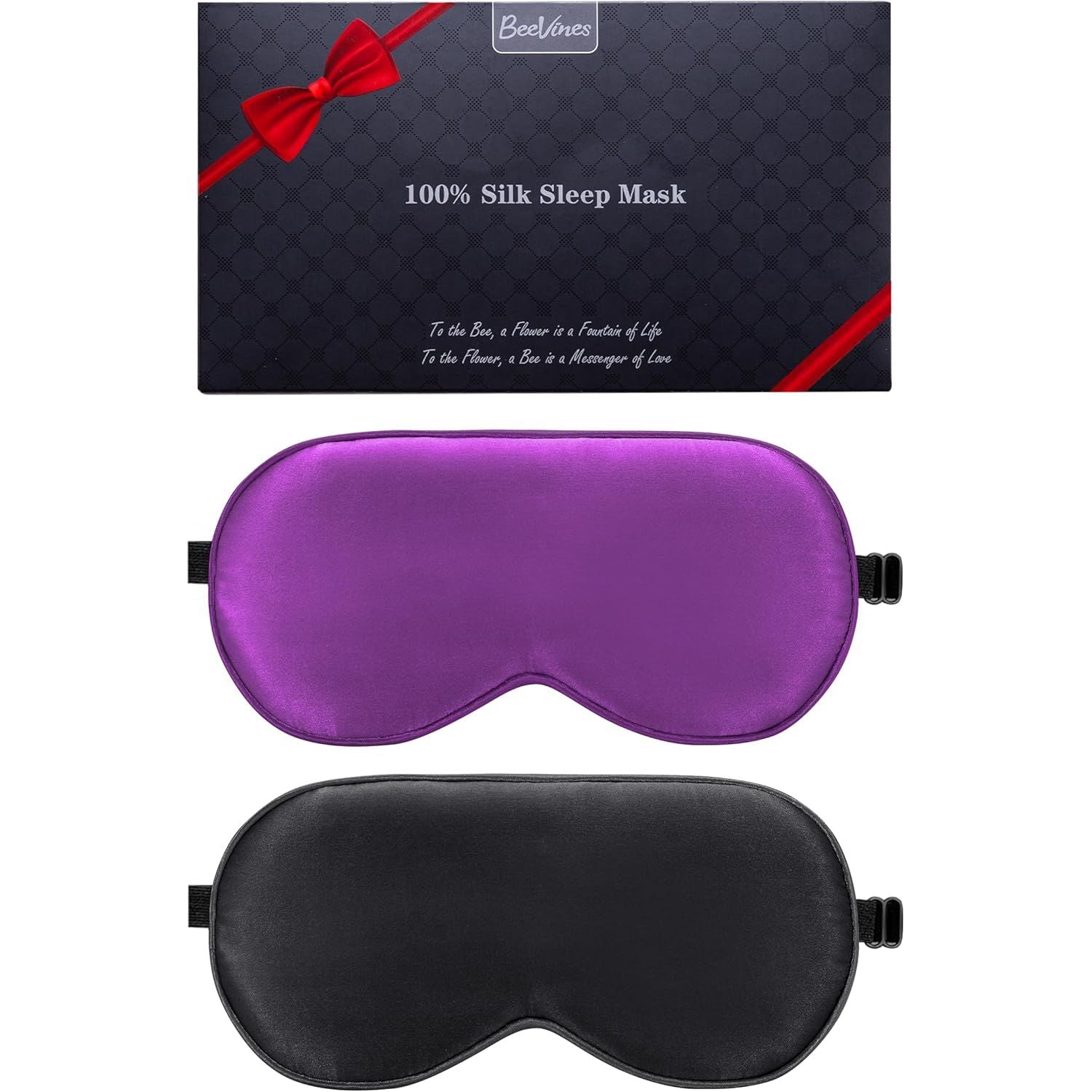Buy now BeeVines Sleep Mask, 2 Pack 100% Real Natural Silk Eye Masks with Adjustable Strap for Sleeping, Mulberry Silk Eye Sleep Shade Cover, Blocks Light Reduces Puffy Eyes Traveling Gifts (Black & Black) 11- Black & Rich Purple at indiglob india