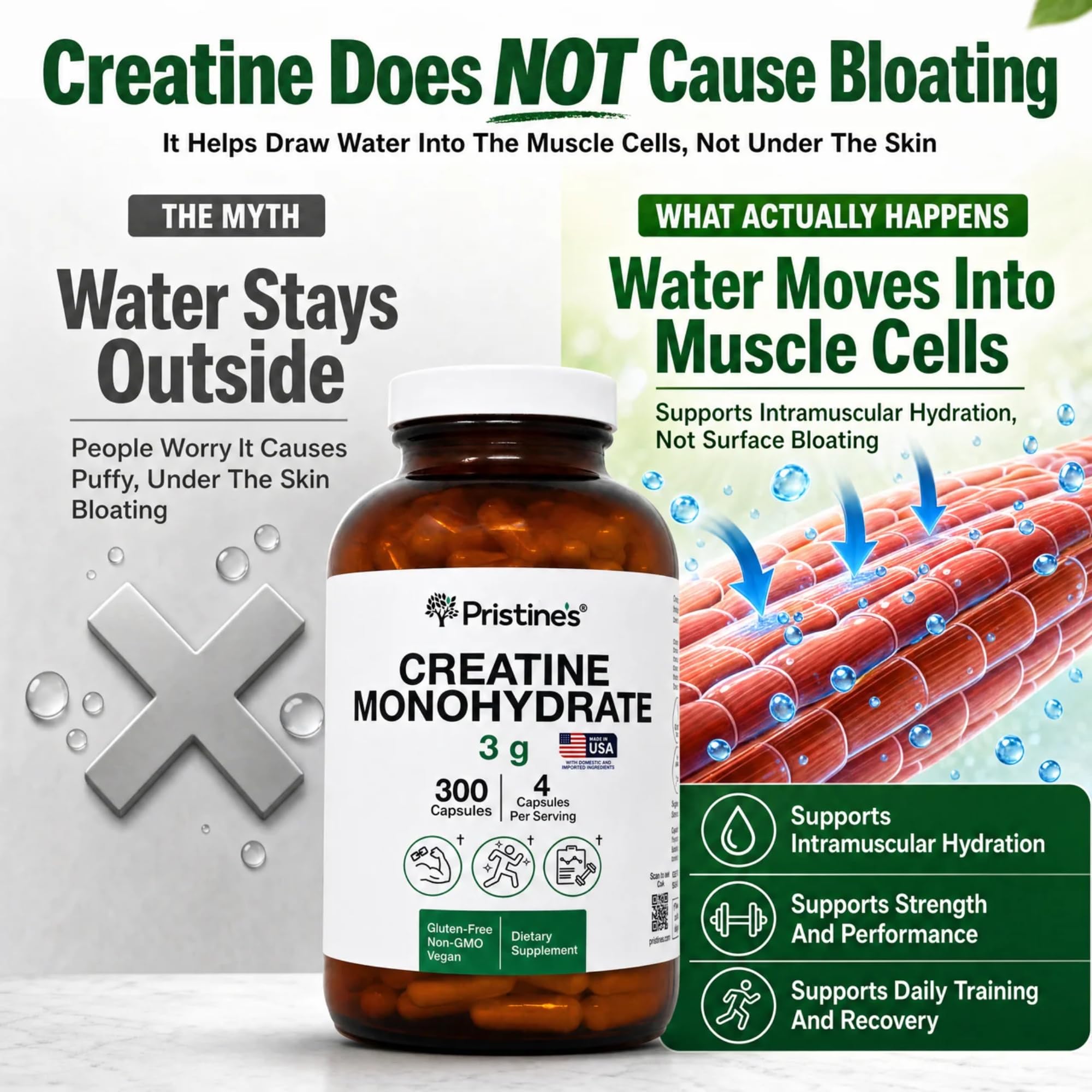 PRISTINE'S NSF Certified Creatine Monohydrate 3g Capsules, 75 Servings | Vegan, non-GMO and gluten-free. NSF Certified creatine capsules with 75 servings and no powder scoop, mixing, grit or flavor
