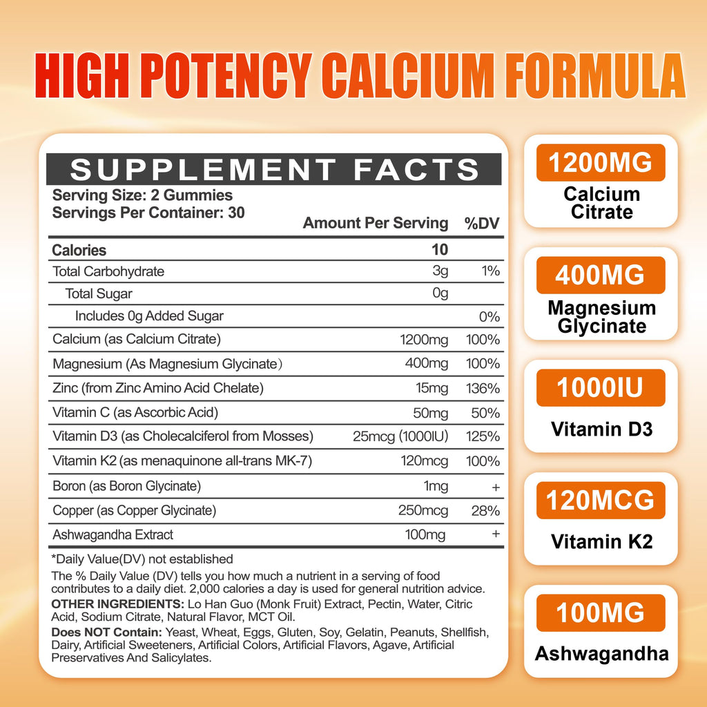 Calcium 1200 mg with Vitamin D3 for Adults - Calcium Citrate Gummies | with Vitamin D3, K2, Magnesium, Zinc, Boron, Copper and Ashwagandha - Extra Absorption Calcium Supplement for Women Men