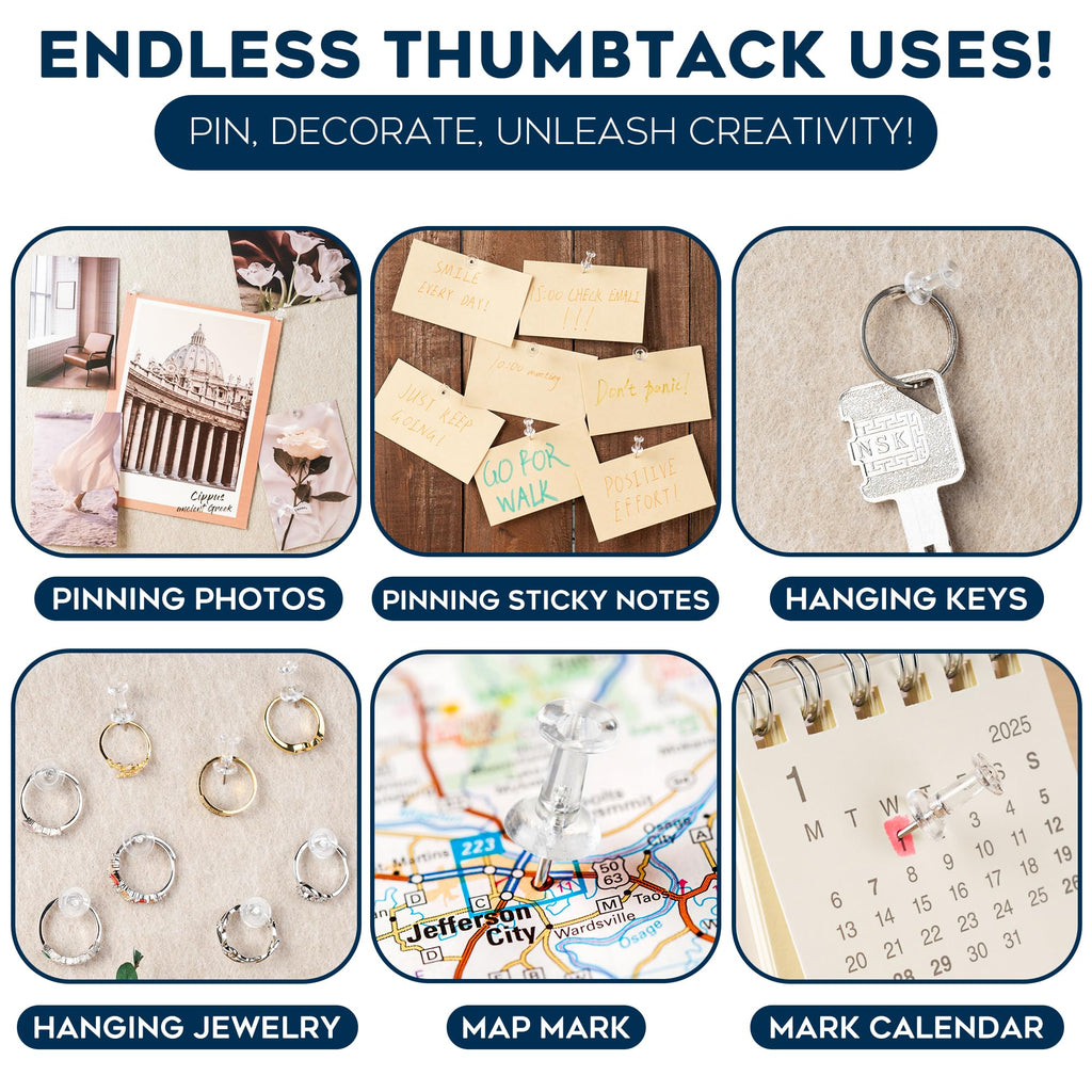 150 Pack Assorted Clear Push Pins By Luxurecourt for Bulletin Board, Wall Hanging, Cork Board, Shadow Box Display - Includes Flat Head Thumbtacks & Standard Pushpins in Plastic Resuable Storage Box.