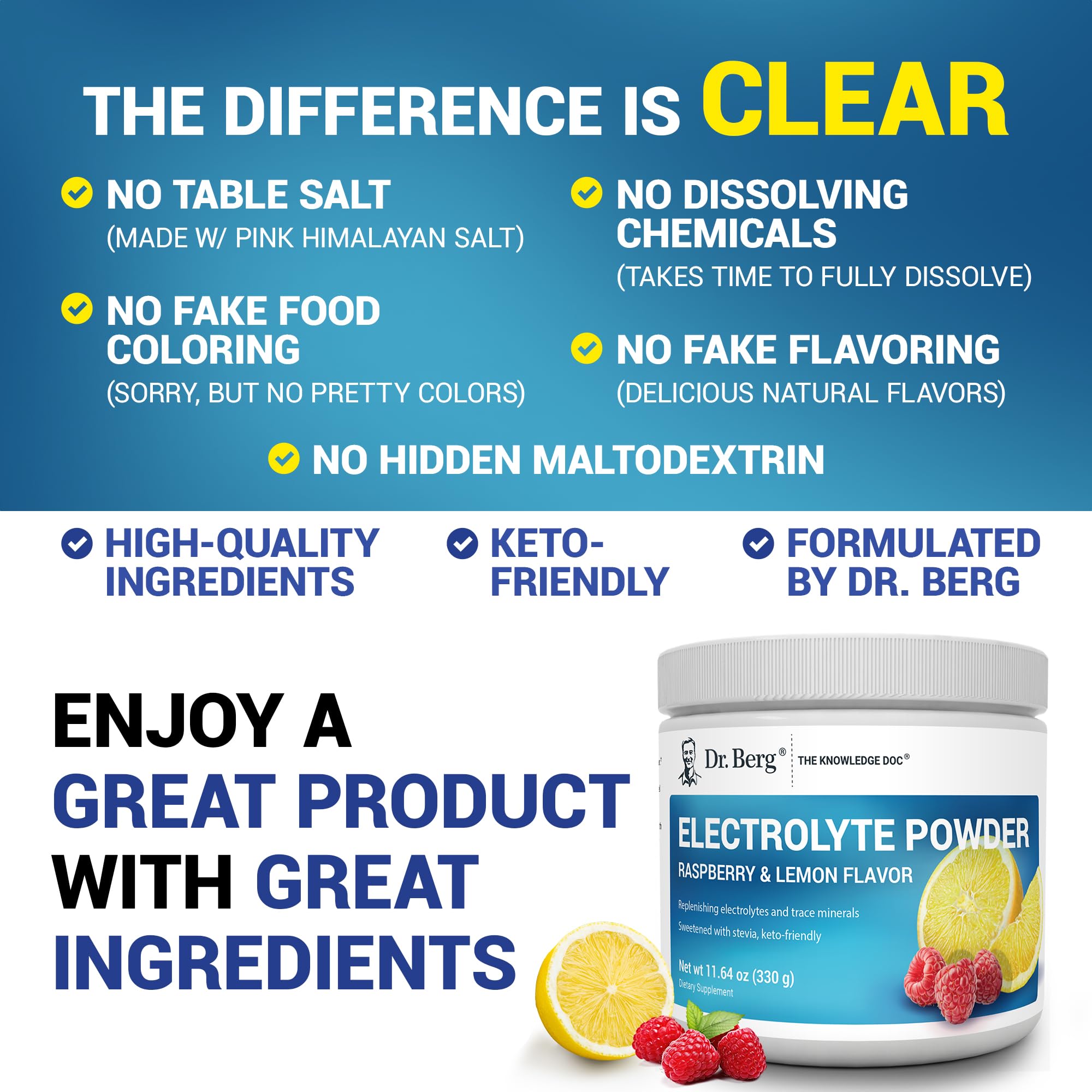 Buy now Dr. Berg Zero Sugar Hydration Keto Electrolyte Powder - Enhanced w/ 1000 mg of Potassium & Real Pink Himalayan Salt (NOT Table Salt) - Raspberry & Lemon Flavor Hydration Drink Supplement - 50 Servings at indiglob india