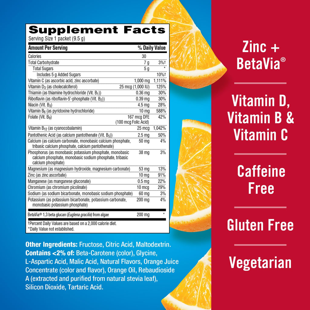 Emergen-C Immune+ Triple Action Immune Support Powder, Super Orange, 30 ct | With BetaVia (R), 1000mg Vitamin C, B Vitamins, Vitamin D and Antioxidants, Super Orange, Back to School Essentials
