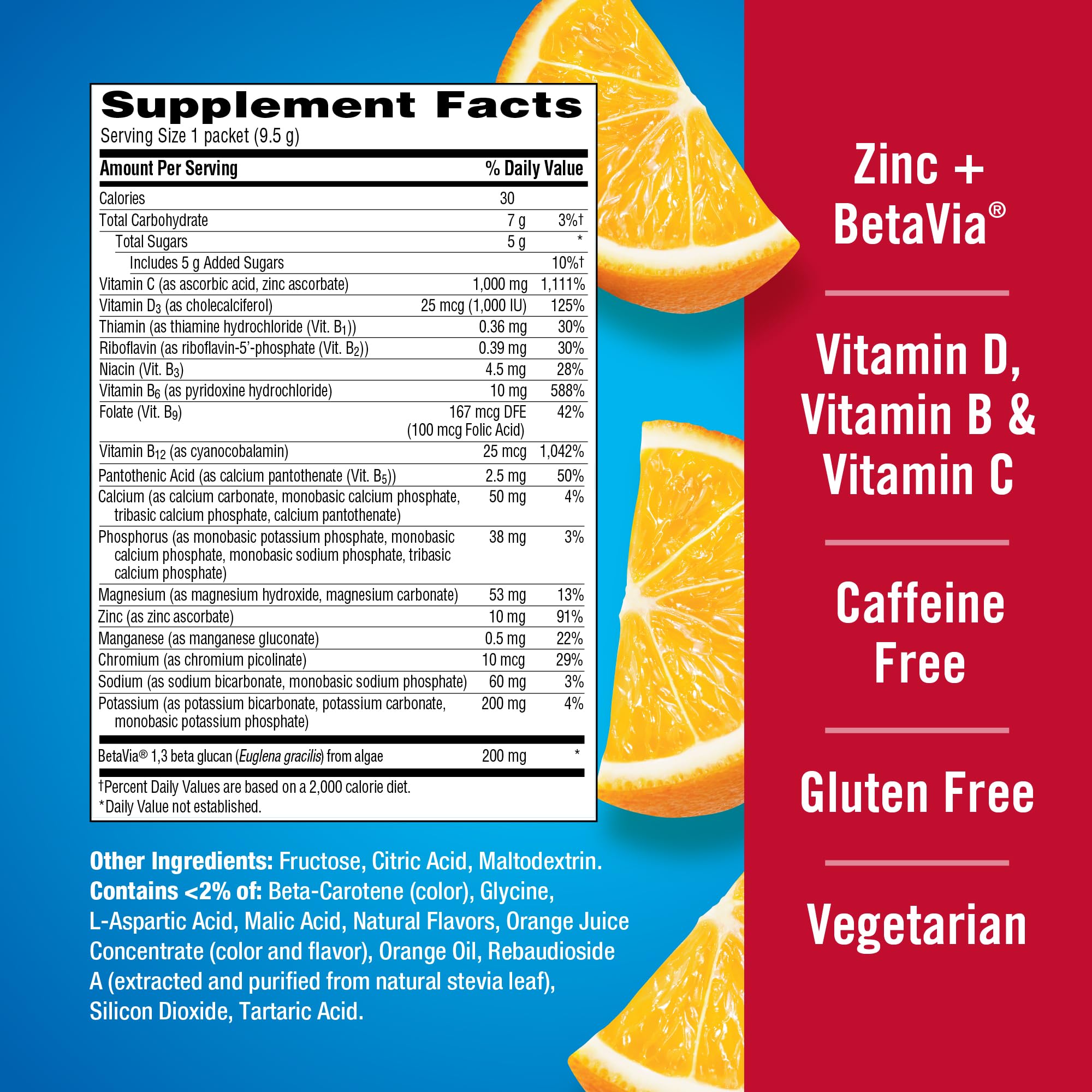 Emergen-C Immune+ Triple Action Immune Support Powder, Super Orange, 30 ct | With BetaVia (R), 1000mg Vitamin C, B Vitamins, Vitamin D and Antioxidants, Super Orange, Back to School Essentials