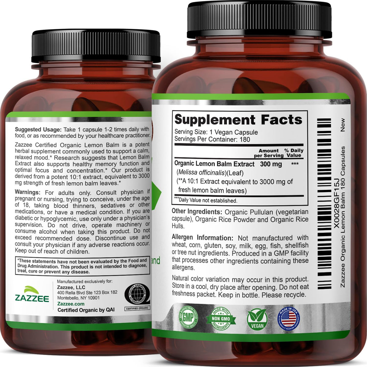 Zazzee USDA Organic Lemon Balm 10:1 Extract, 180 Capsules, 6 Month Supply