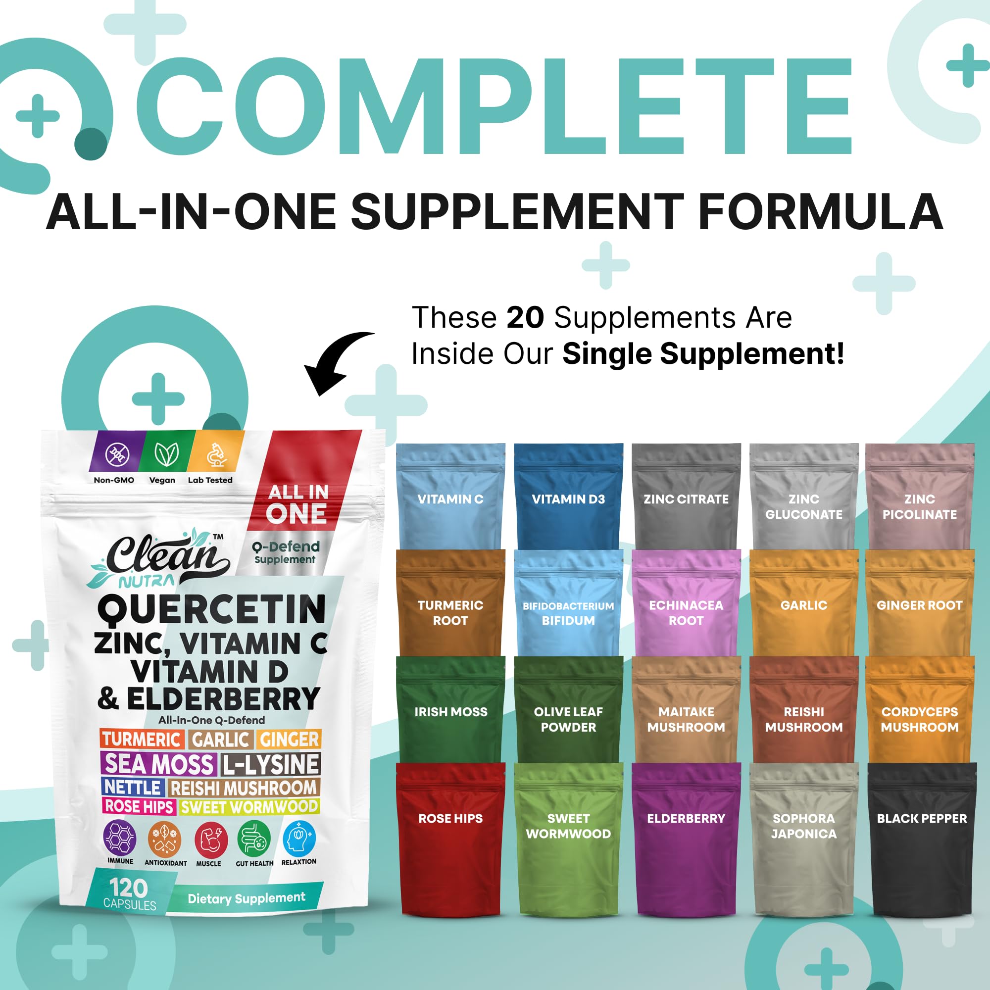Q Defend Quercetin Supplement with Zinc Vitamin C Vitamin D Elderberry Turmeric Black Pepper Garlic Ginger Sea Moss Lysine Stinging Nettle Reishi Mushroom Immune Support 120 Capsules by Clean Nutra