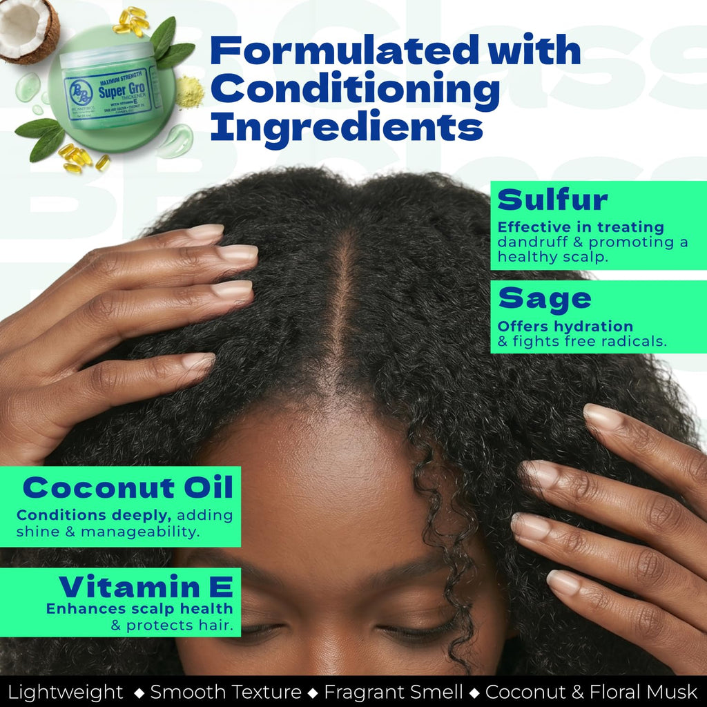 Bronner Bros Maximum Strength Super Gro Hair Grease & Scalp Treatment, 6oz | Hair Dress for Dry Scalp, Breakage Support, Shine & Healthy Hair, With Coconut Oil, Vitamins, Sage & Sulfur, All Hair Types