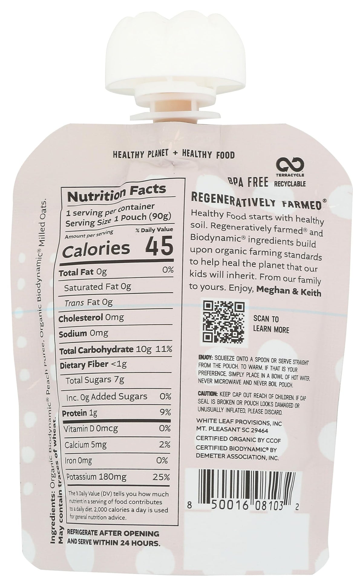 White Leaf Provisions, Baby Food Peach Oat Organic, 3.17 Ounce