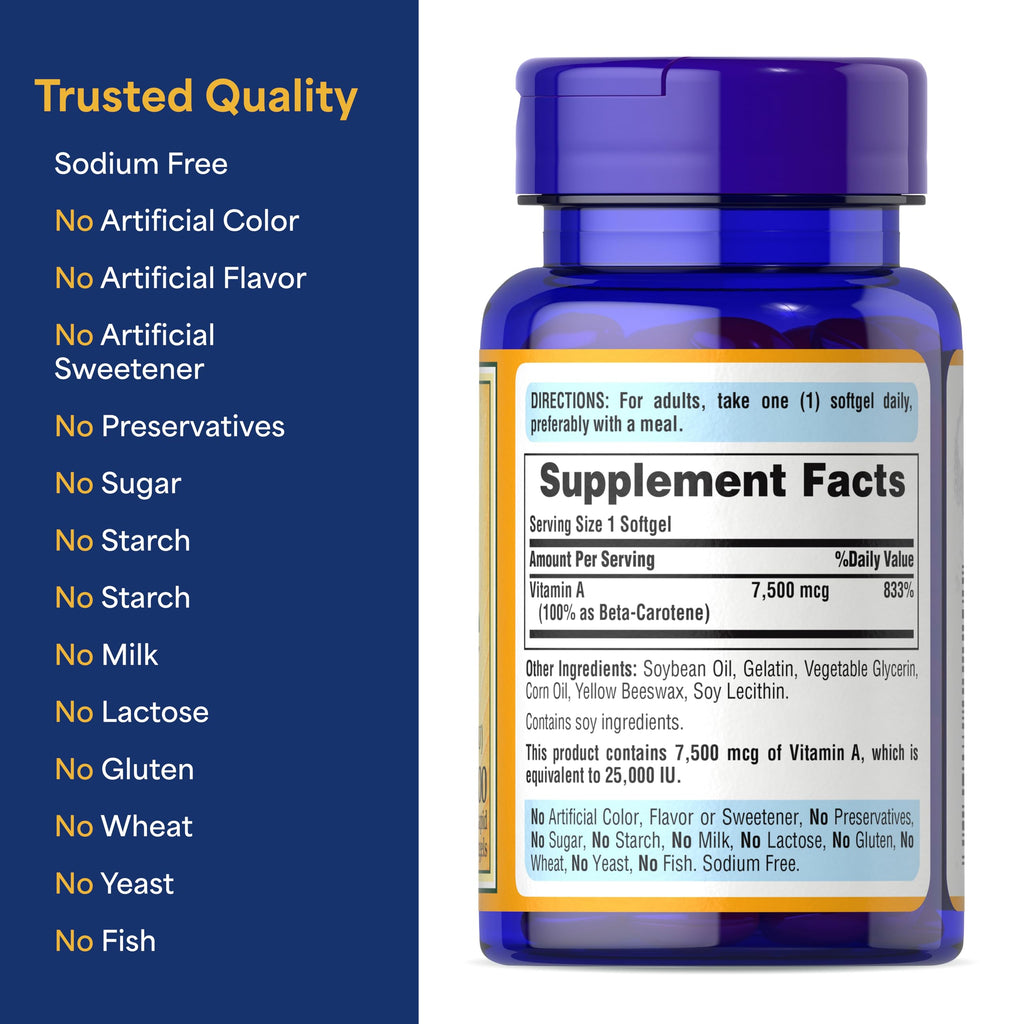 Puritan's Pride Beta Carotene Provitamin A 7,500mcg (25,000 IU)