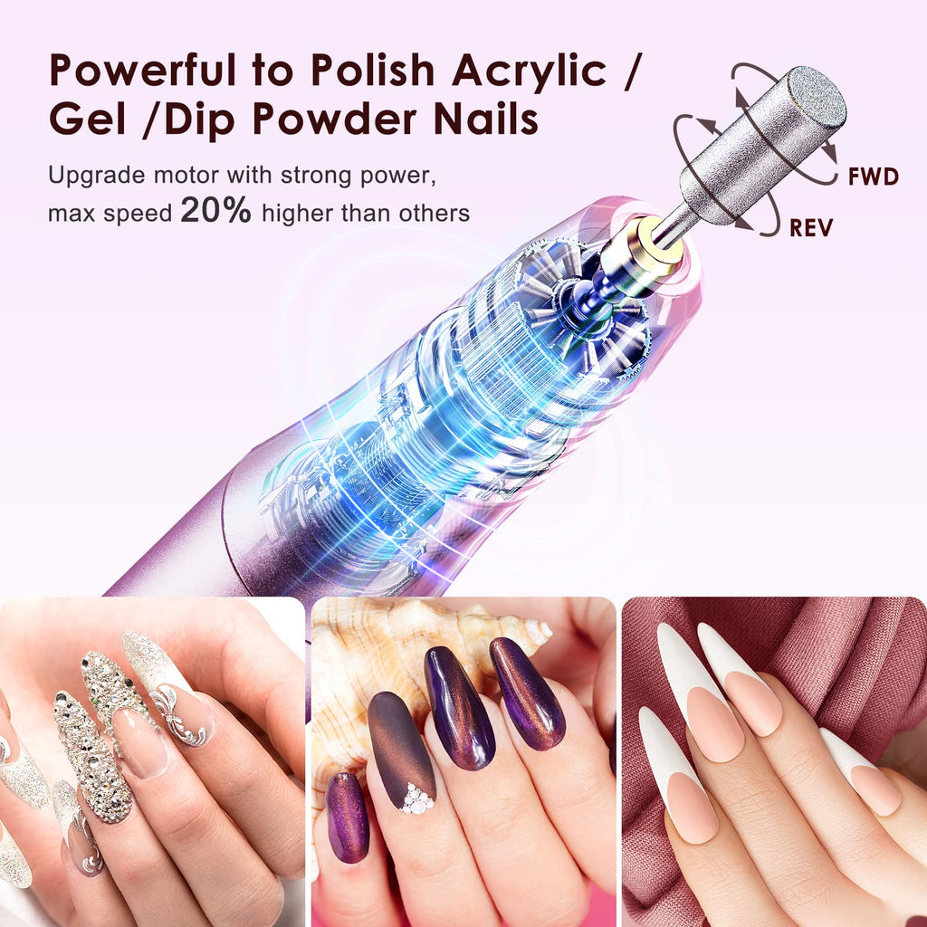 COSLUS C20 Cordless Nail Drill Electric File: Portable All-in-One Kit | Professional for Acrylic Gel Dip Powder Nails, Rechargeable Manicure & Pedicure Machine, Salon Home, Lightweight, Purple